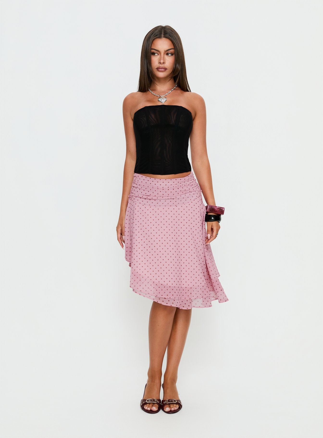 Evanescence Asymmetrical Midi Skirt Pink Polka Dot - Image 3