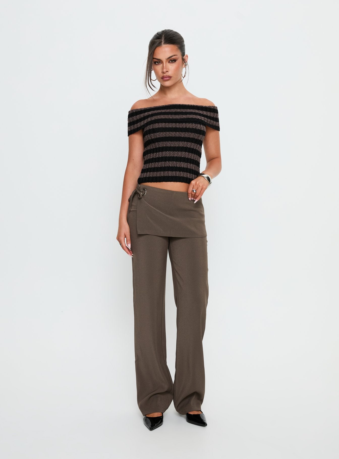 Murmur Off Shoulder Top Brown / Black Stripe - Image 2