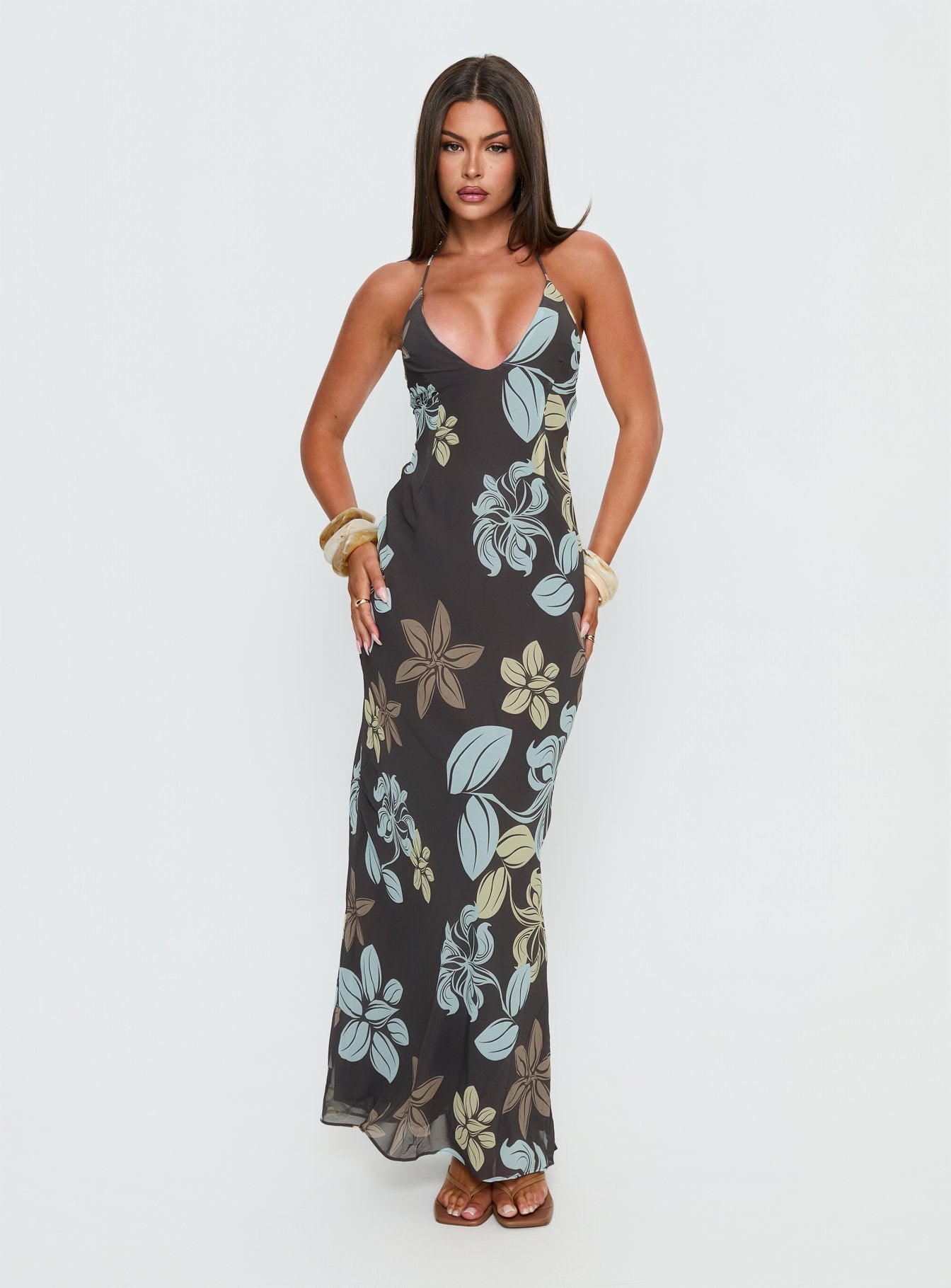 Esmira Halter Maxi Dress Chocolate / Blue Floral - Image 2