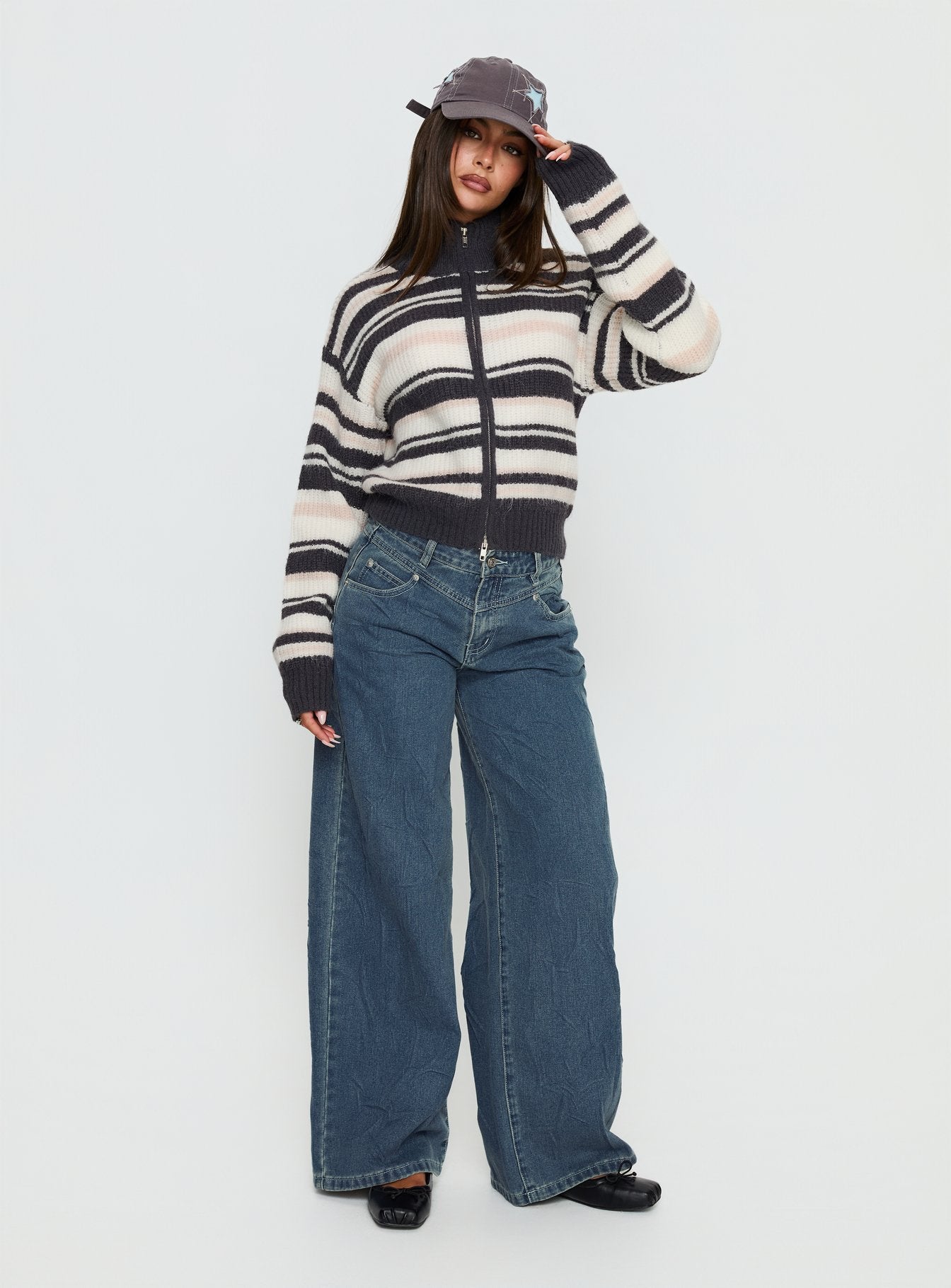 Tetra Zip Through Knit Sweater Pink Stripe - Image 2