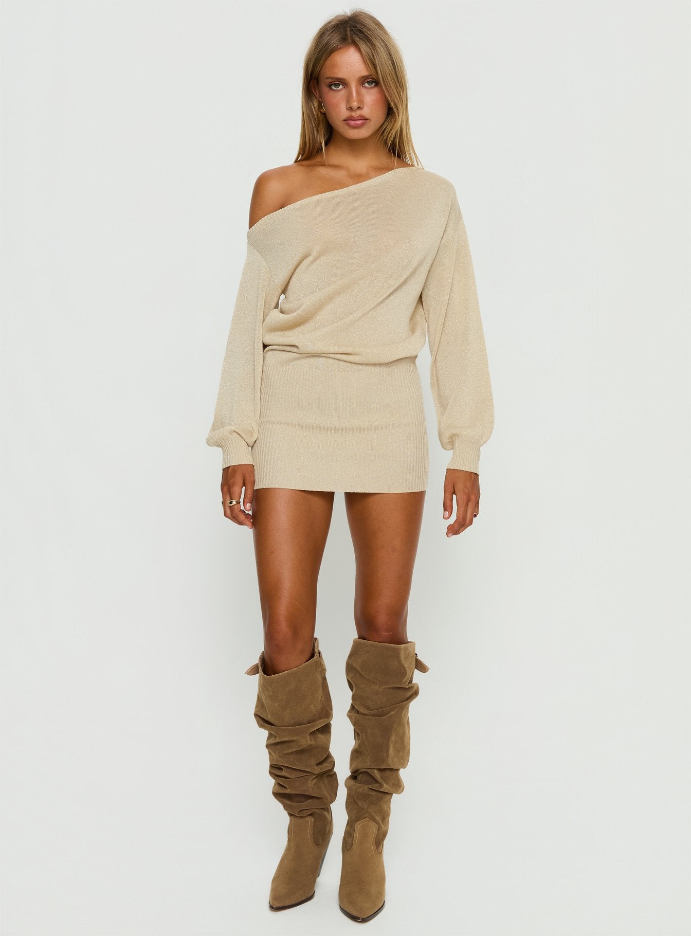 Johannah Off Shoulder Long Sleeve Knit Mini Dress Gold - Image 3