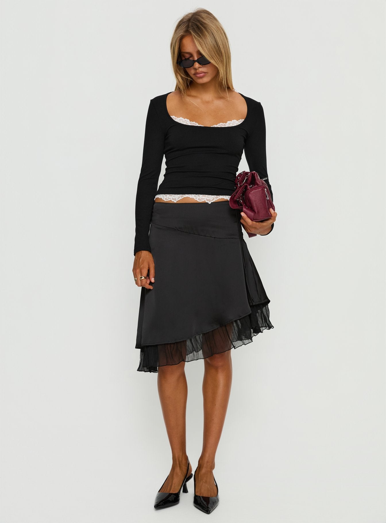 Falling Through Lace Detail Long Sleeve Top Black - Image 2