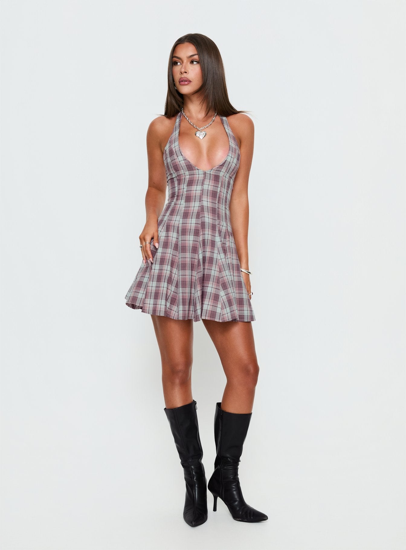 Out Of Nowhere Halter Mini Dress Burgundy / Pink Check - Image 3