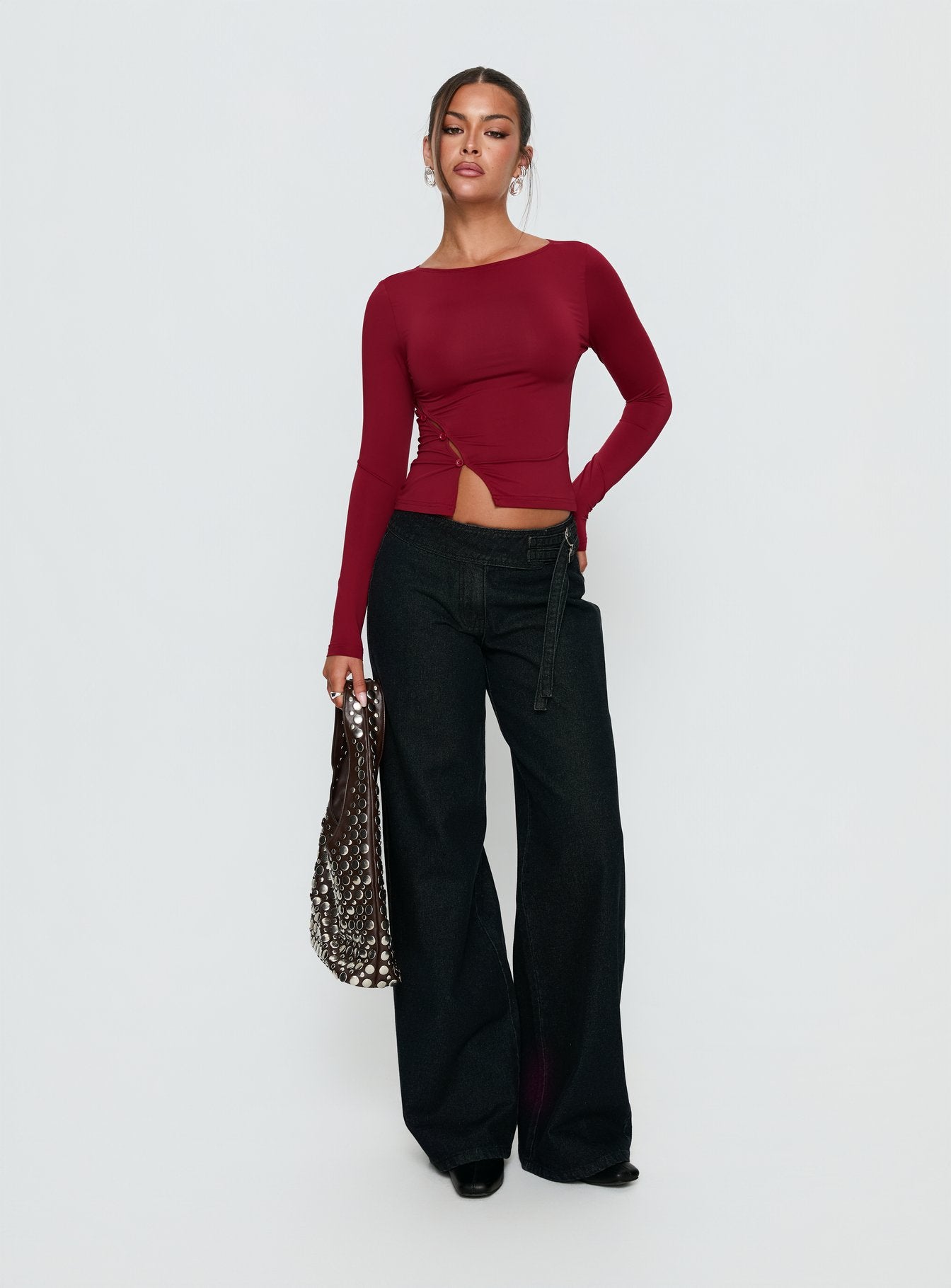 Crowded Room Button Up Long Sleeve Top Wine - Image 3