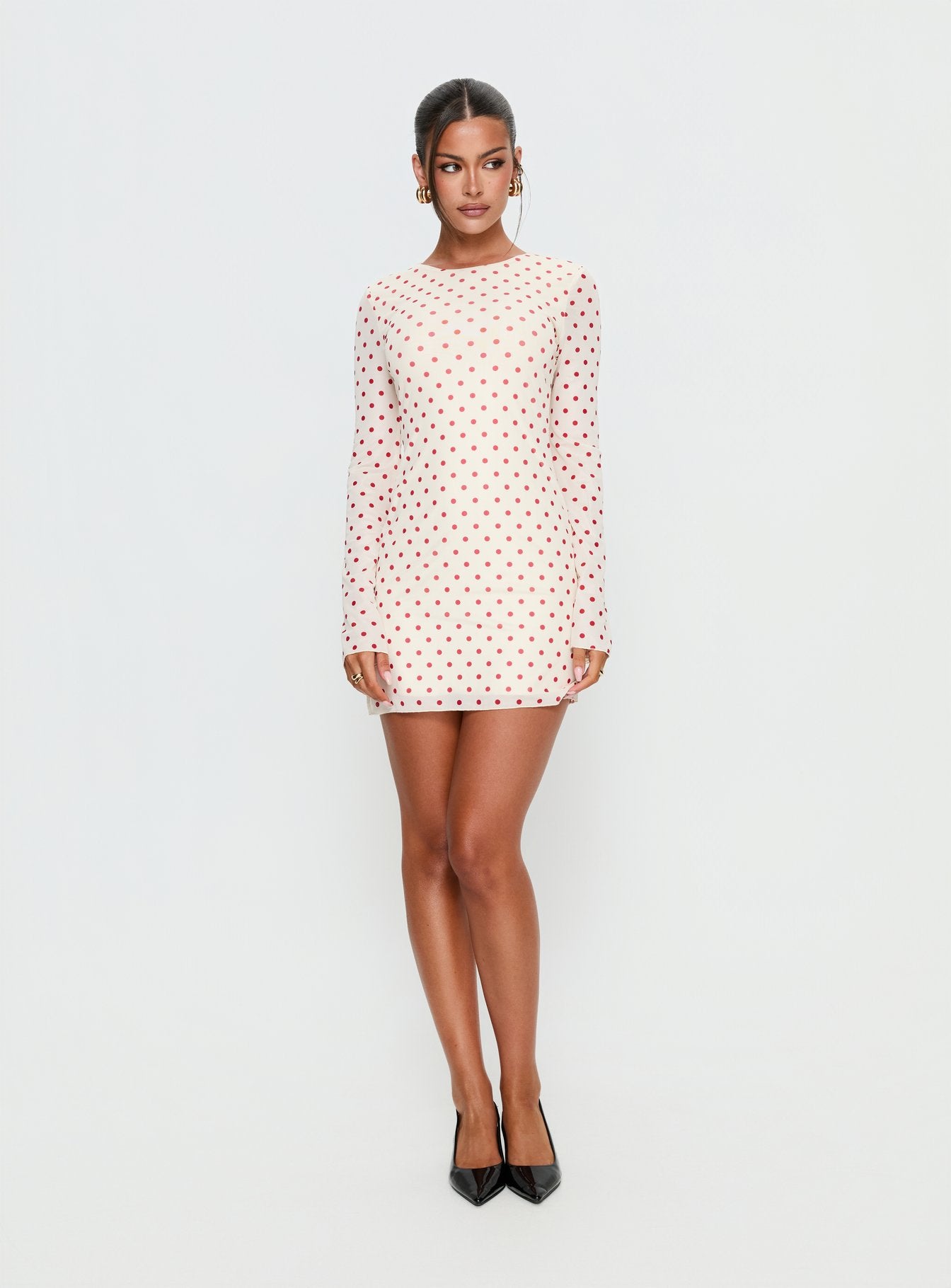 Nyxia Long Sleeve Mini Dress Cream / Red Polka - Image 3