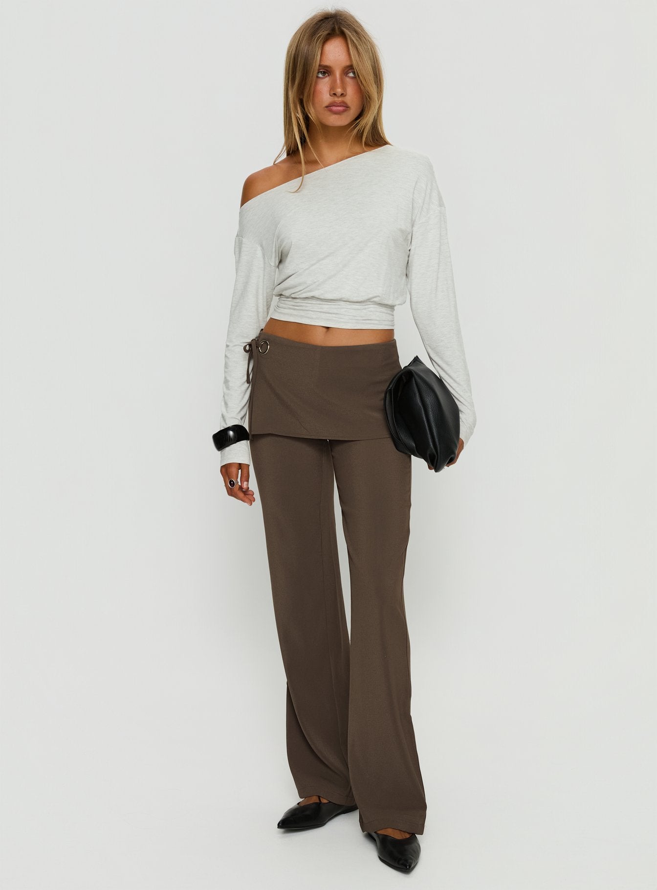 Ashlinn Off Shoulder Long Sleeve Drapey Top Grey Marle - Image 3