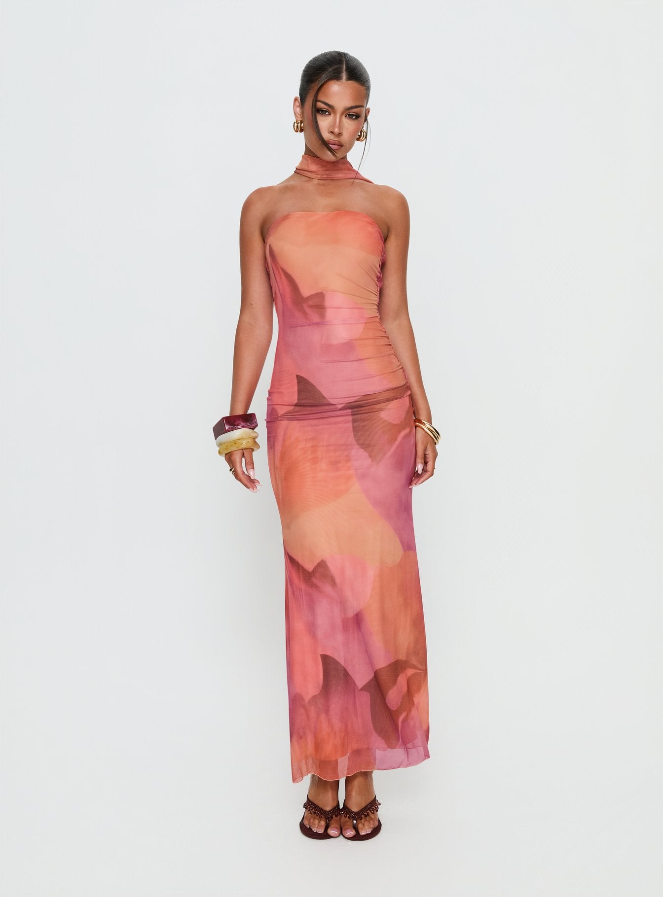 Davynn Scarf Detail Strapless Maxi Dress Pink Multi - Image 2