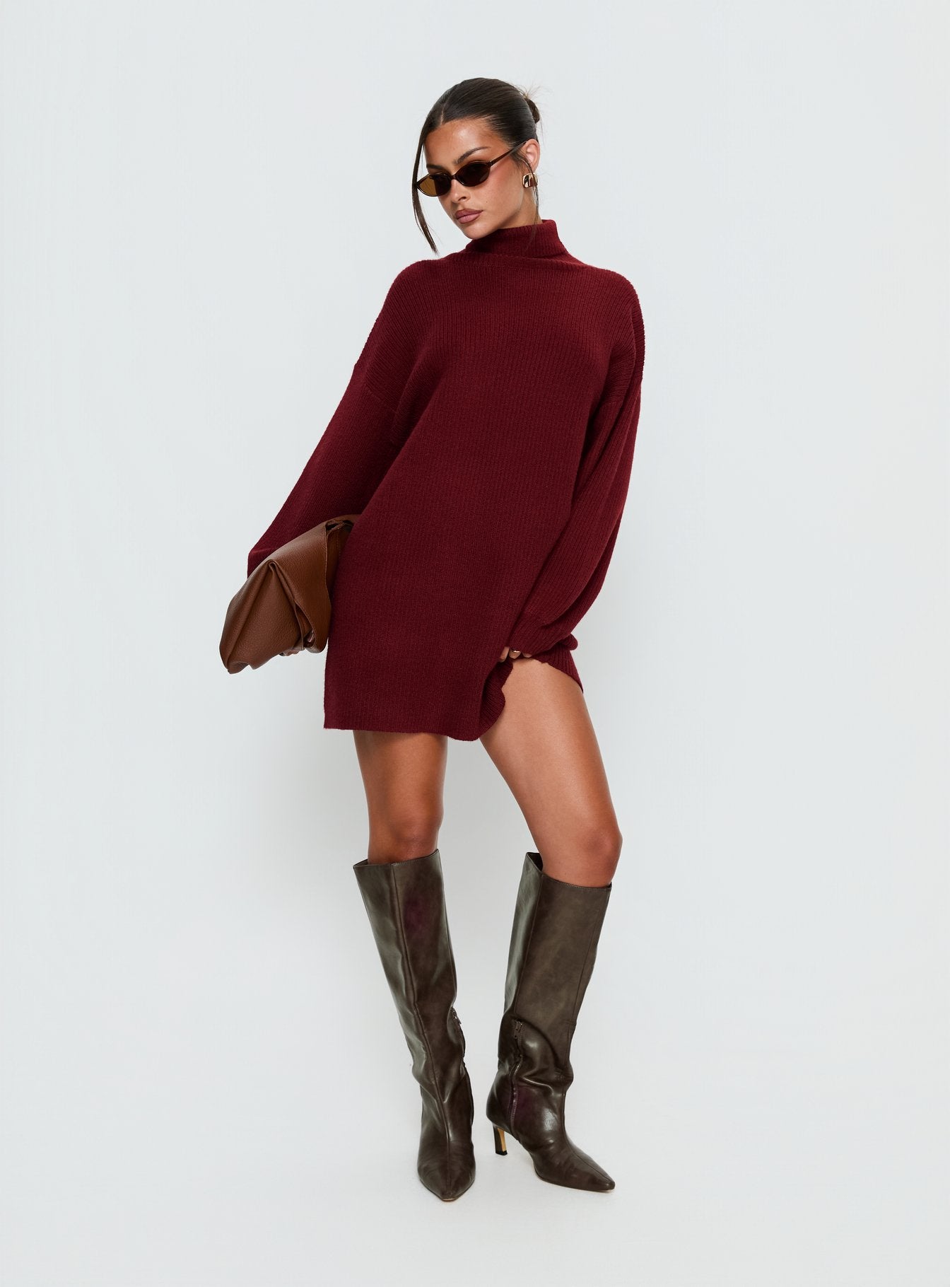 Coleena Long Sleeve Knit Mini Dress Burgundy - Image 2