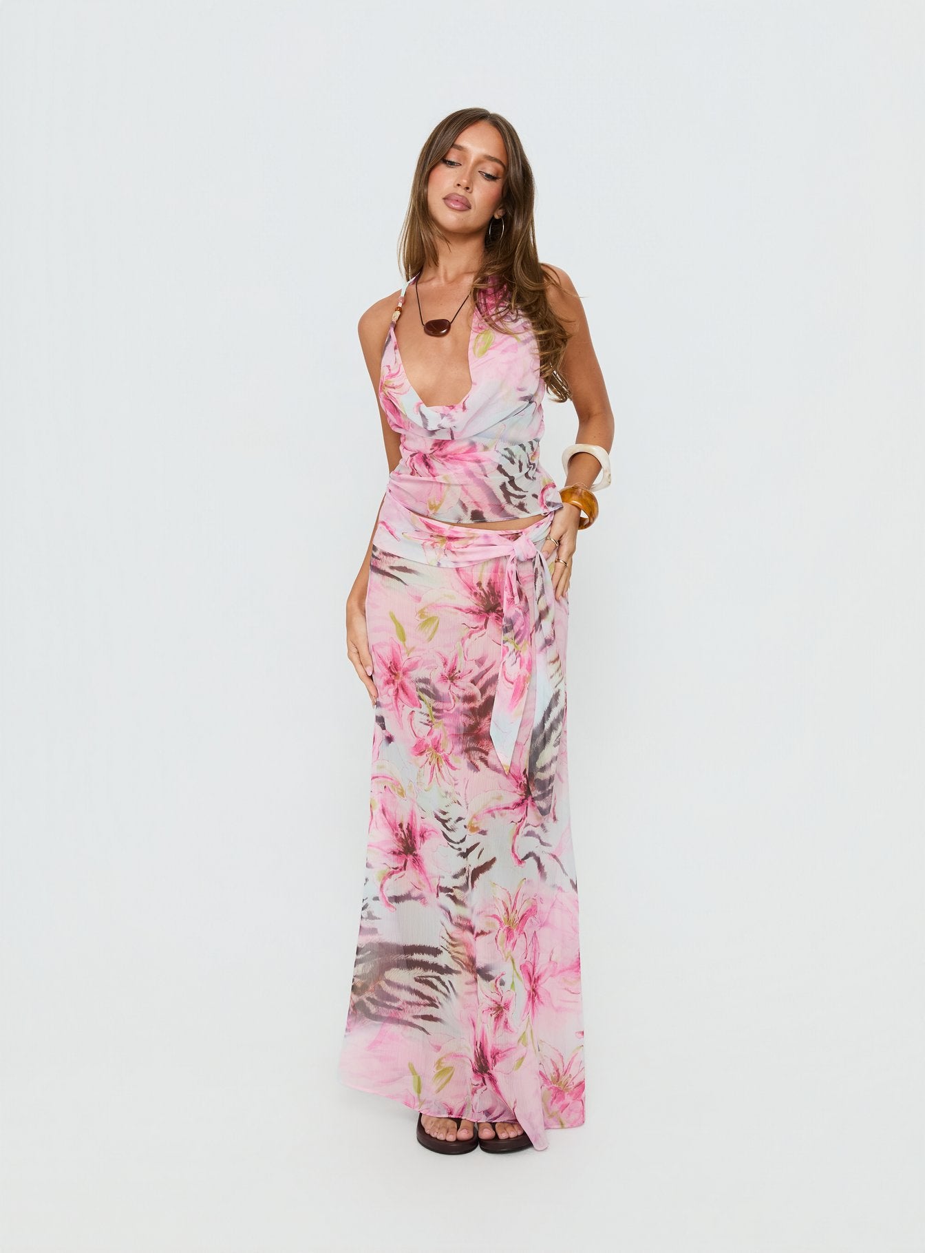 Distinction Halter Chiffon Top Pink Floral - Image 3