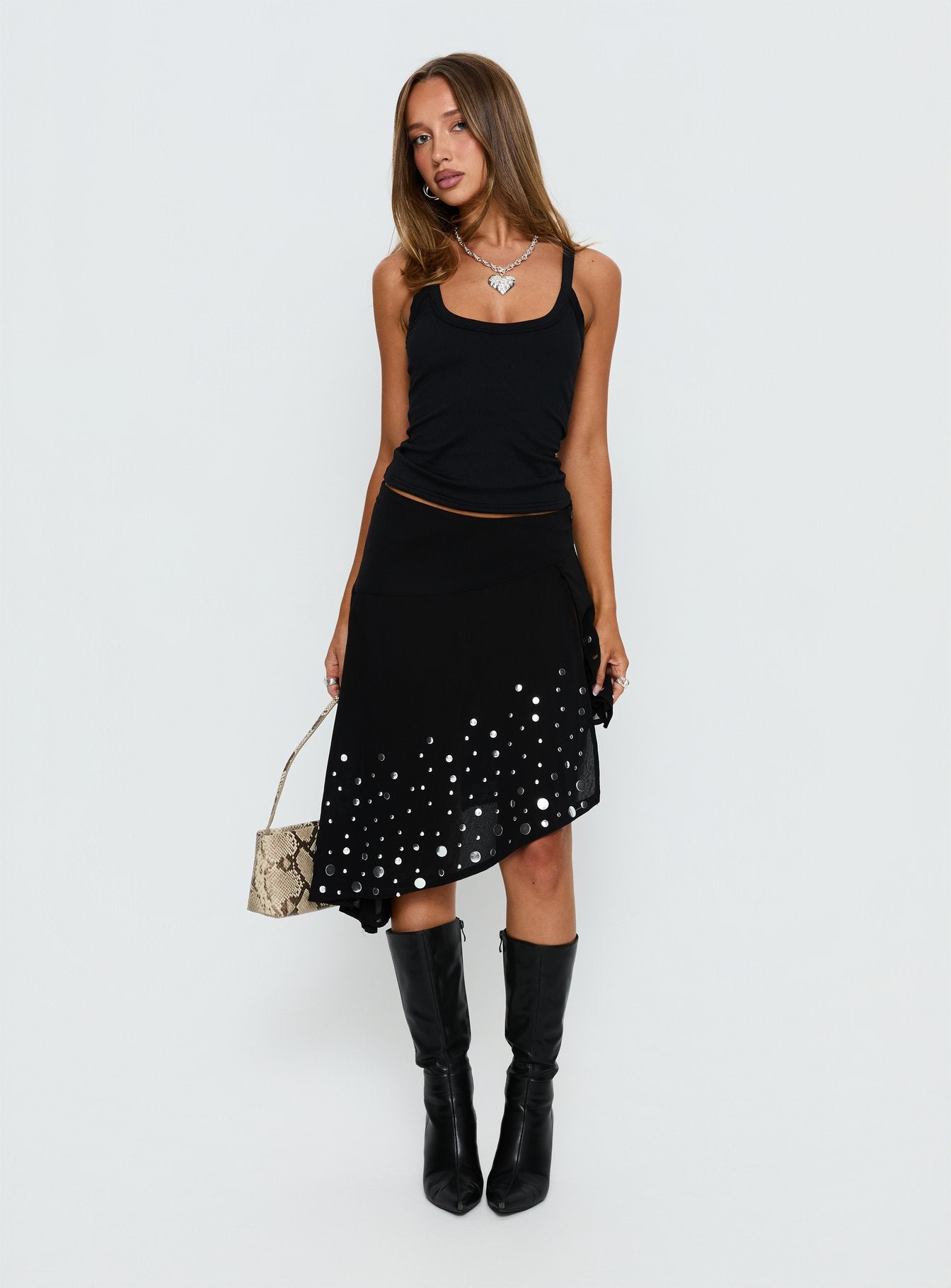 Jezabela Asymmetrical Stud Midi Skirt Black - Image 3