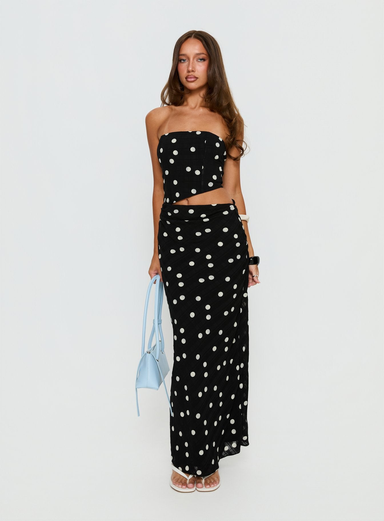 Jasira Strapless Drape Maxi Dress Black Polka Dot - Image 3