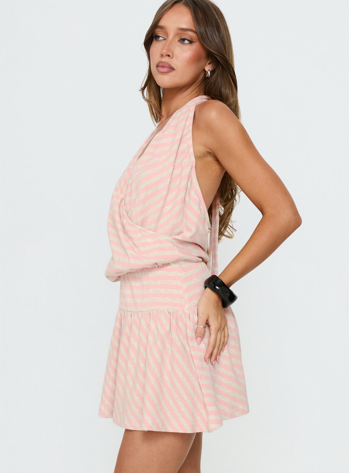 Joelie Halter Draped Mini Dress Pink / Grey Stripe - Image 3