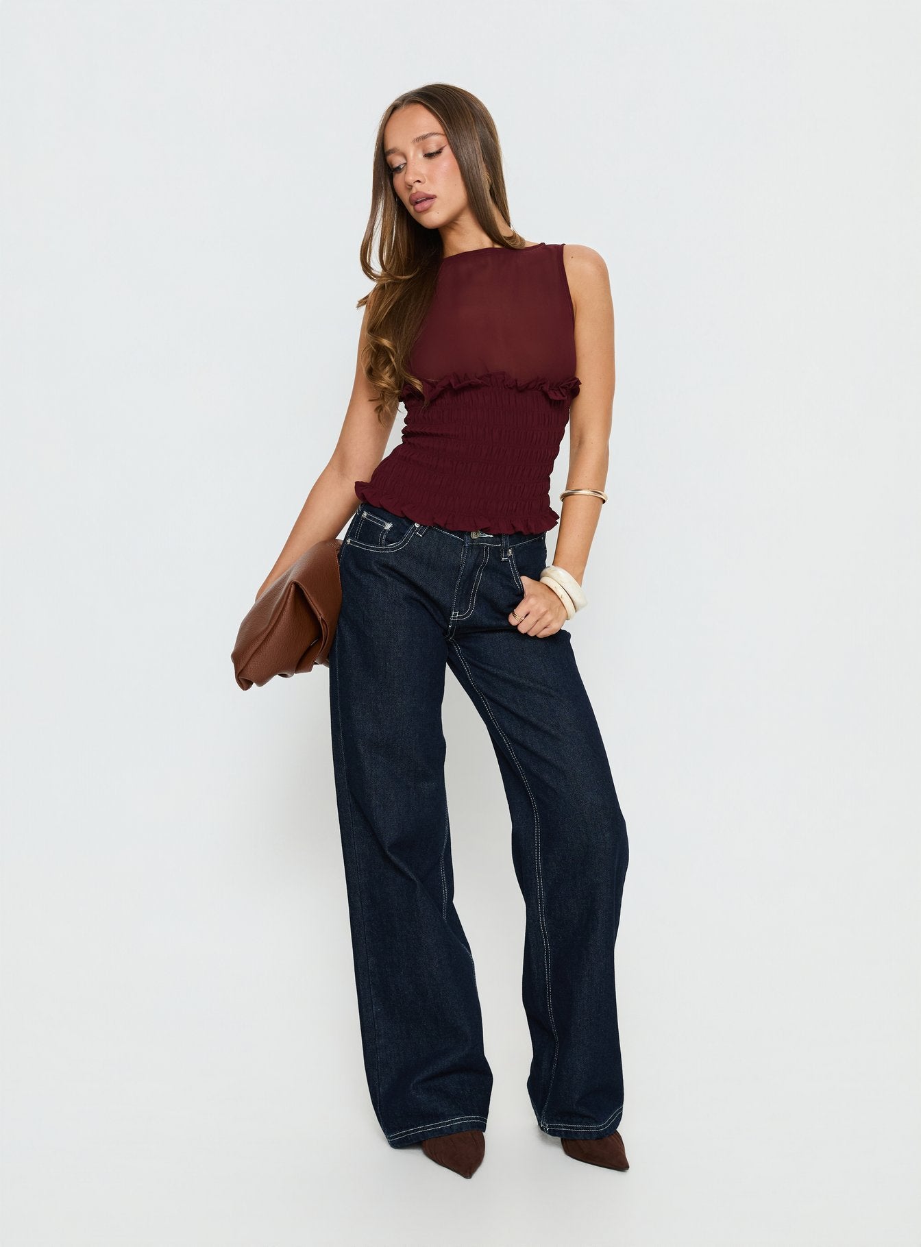 Fever Kiss Chiffon Ruched Top Wine - Image 2