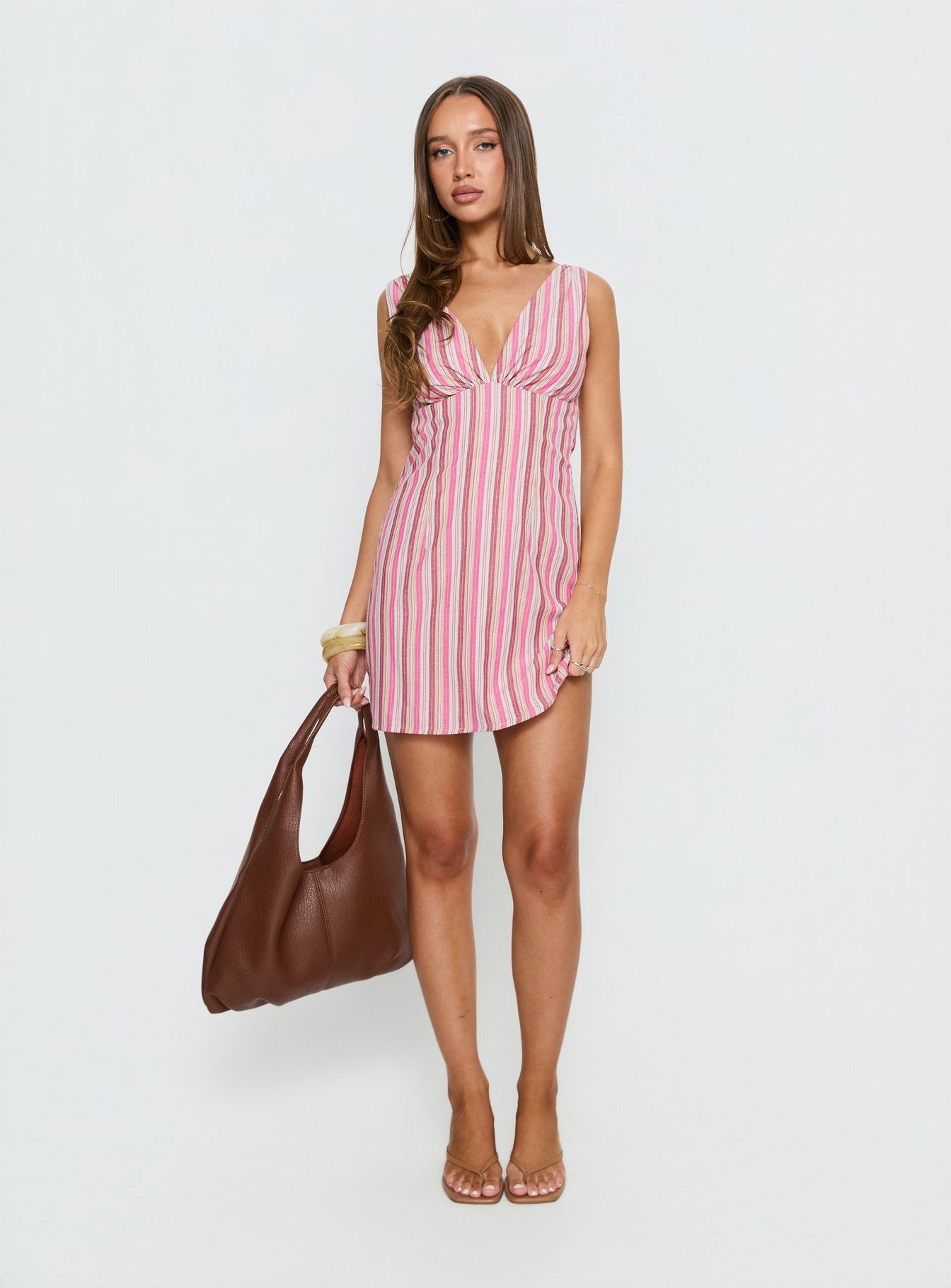 Daphney Plunge Mini Dress Pink Stripe - Image 2