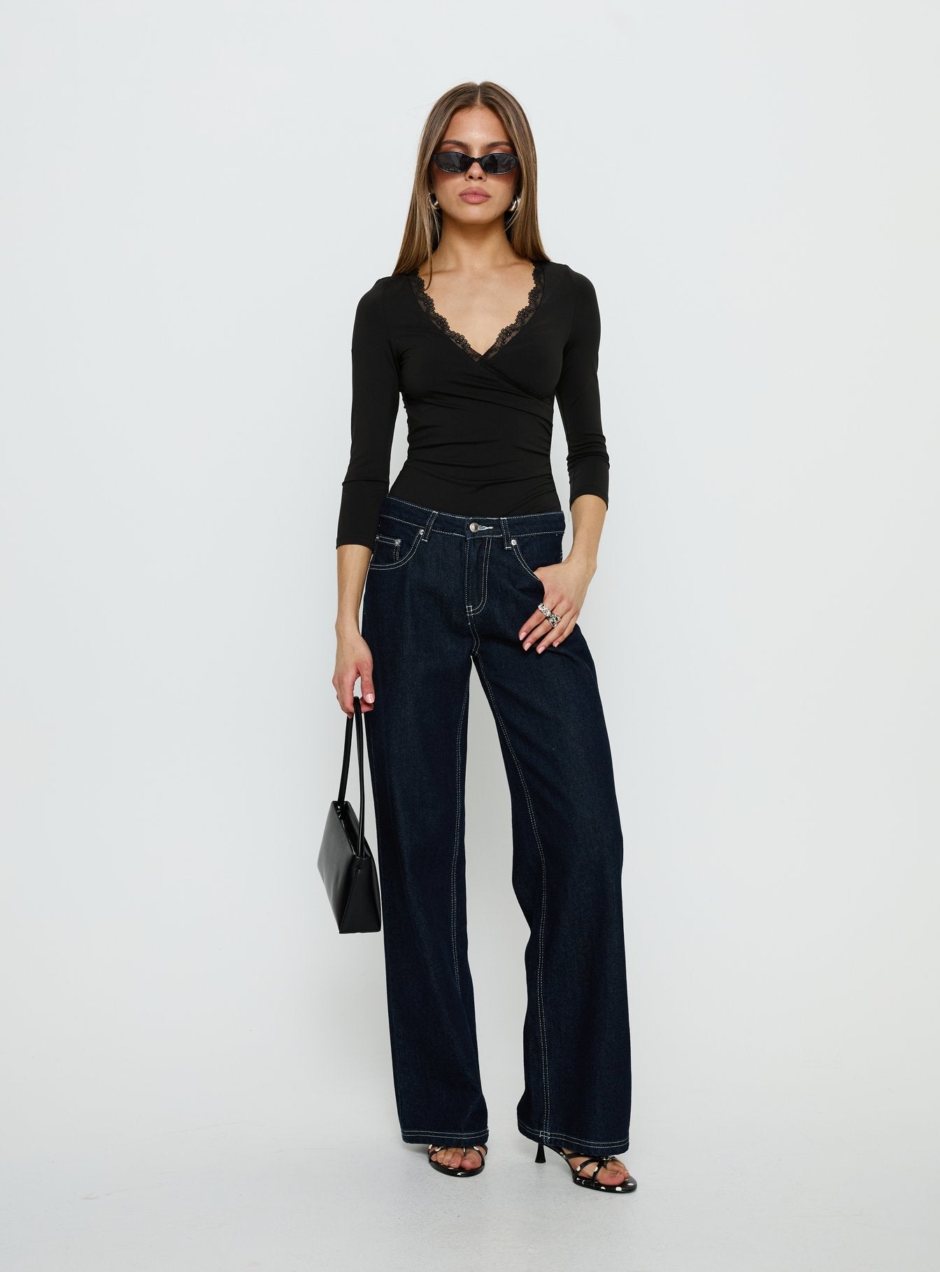 Lyselle Wrap Detail 3/4 Sleeve Bodysuit Black - Image 2