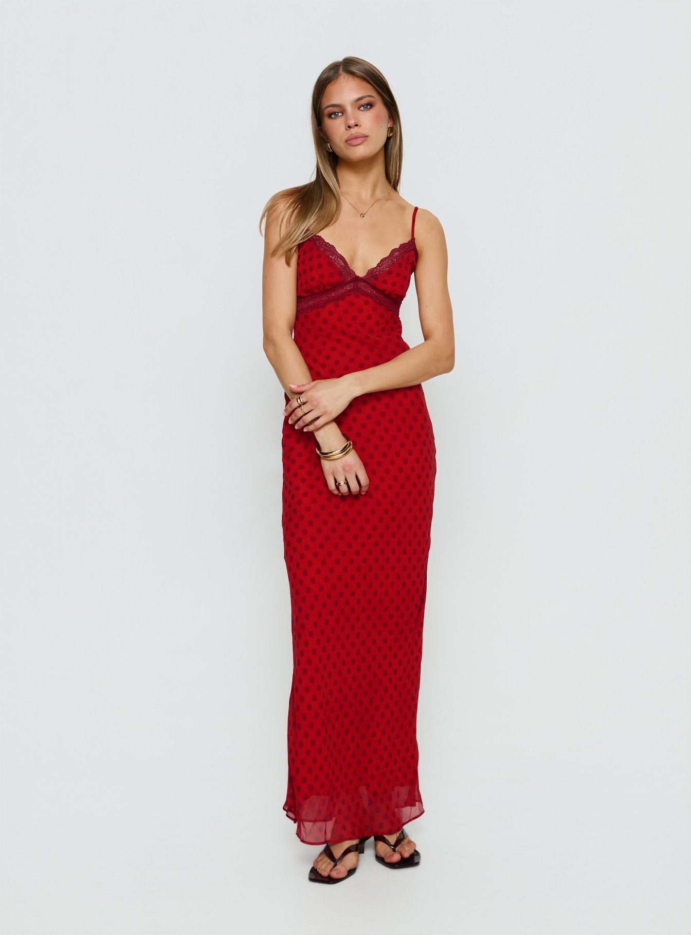 Adasia Lace V Neck Maxi Dress Red Polka Dot - Image 3