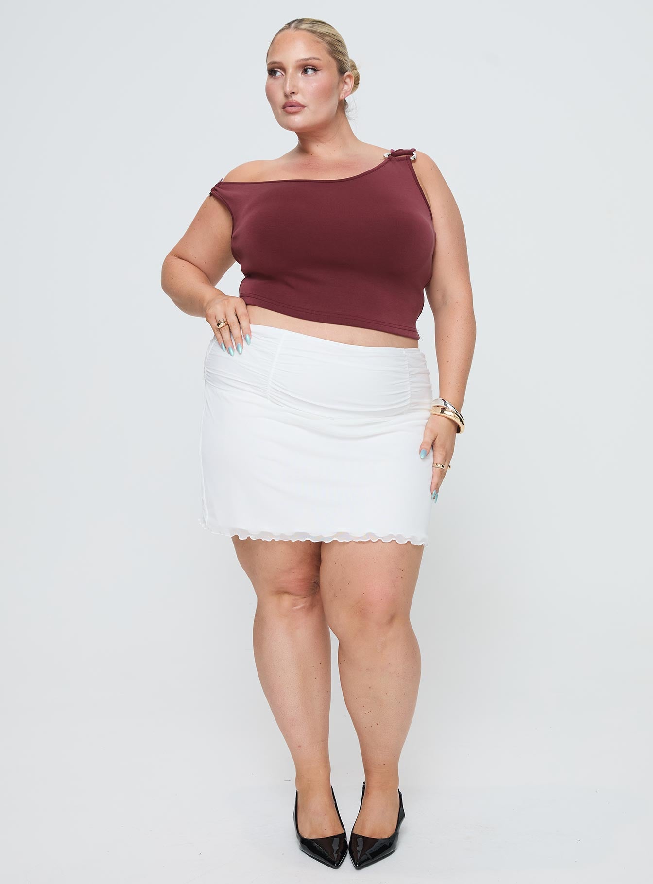 Meredith Ruched Mini Skirt White Curve - Image 3