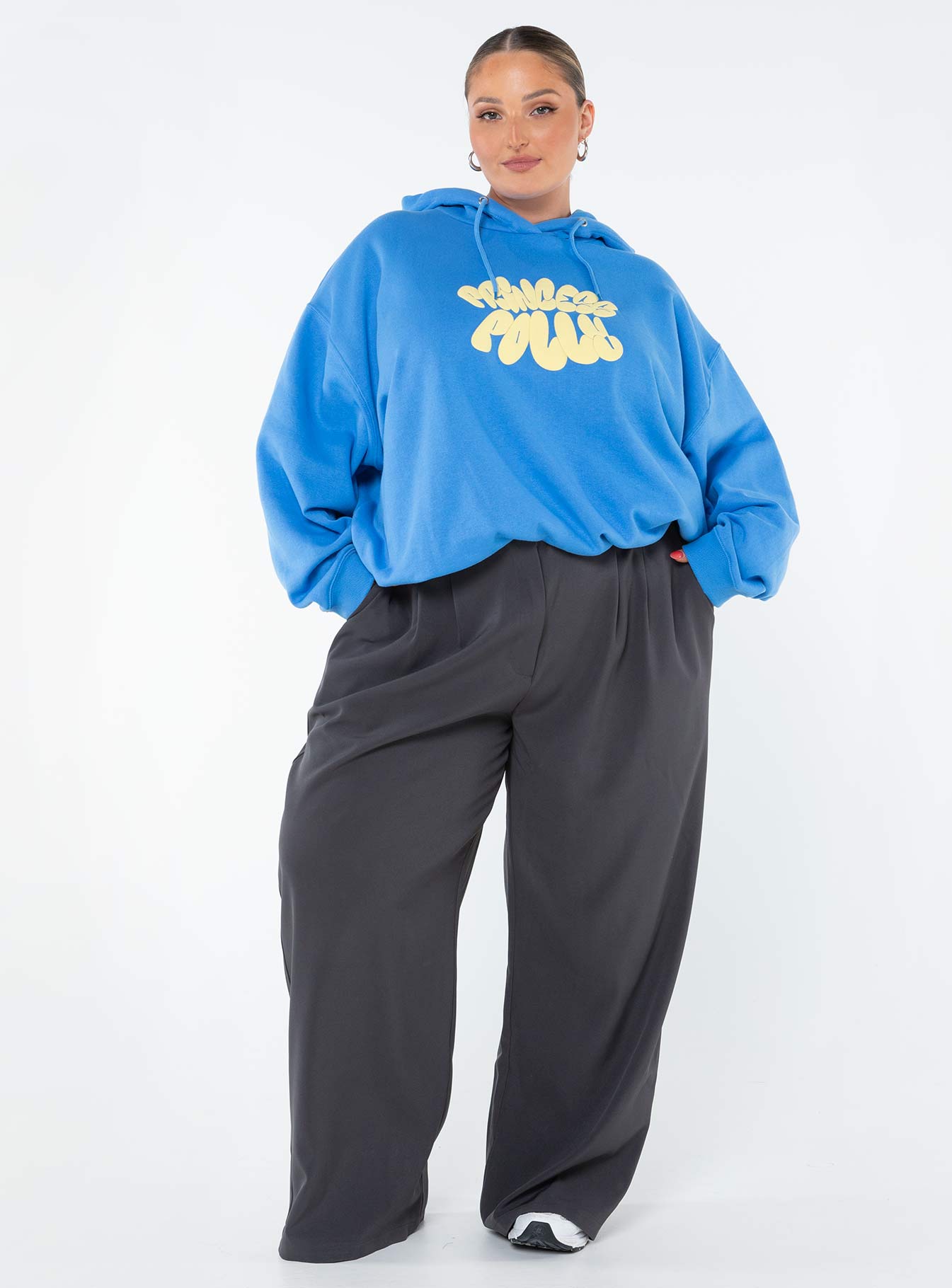 Princess Polly Hooded Sweatshirt Bubble Text Blue / Yellow Curve - Image 3