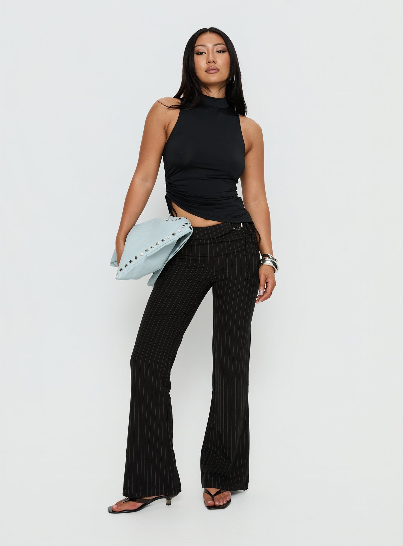 Louder Please Tie Side Straight Leg Pants Black Pinstripe - Image 3