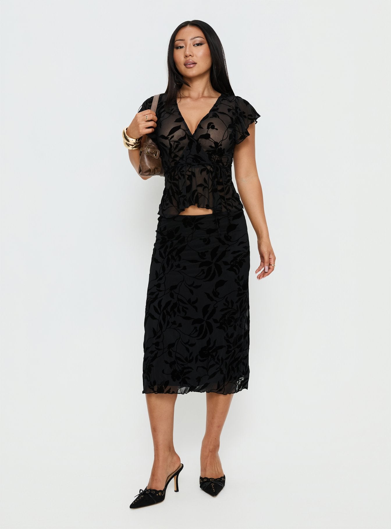 Atira Midi Skirt Leaf Flower Black - Image 2