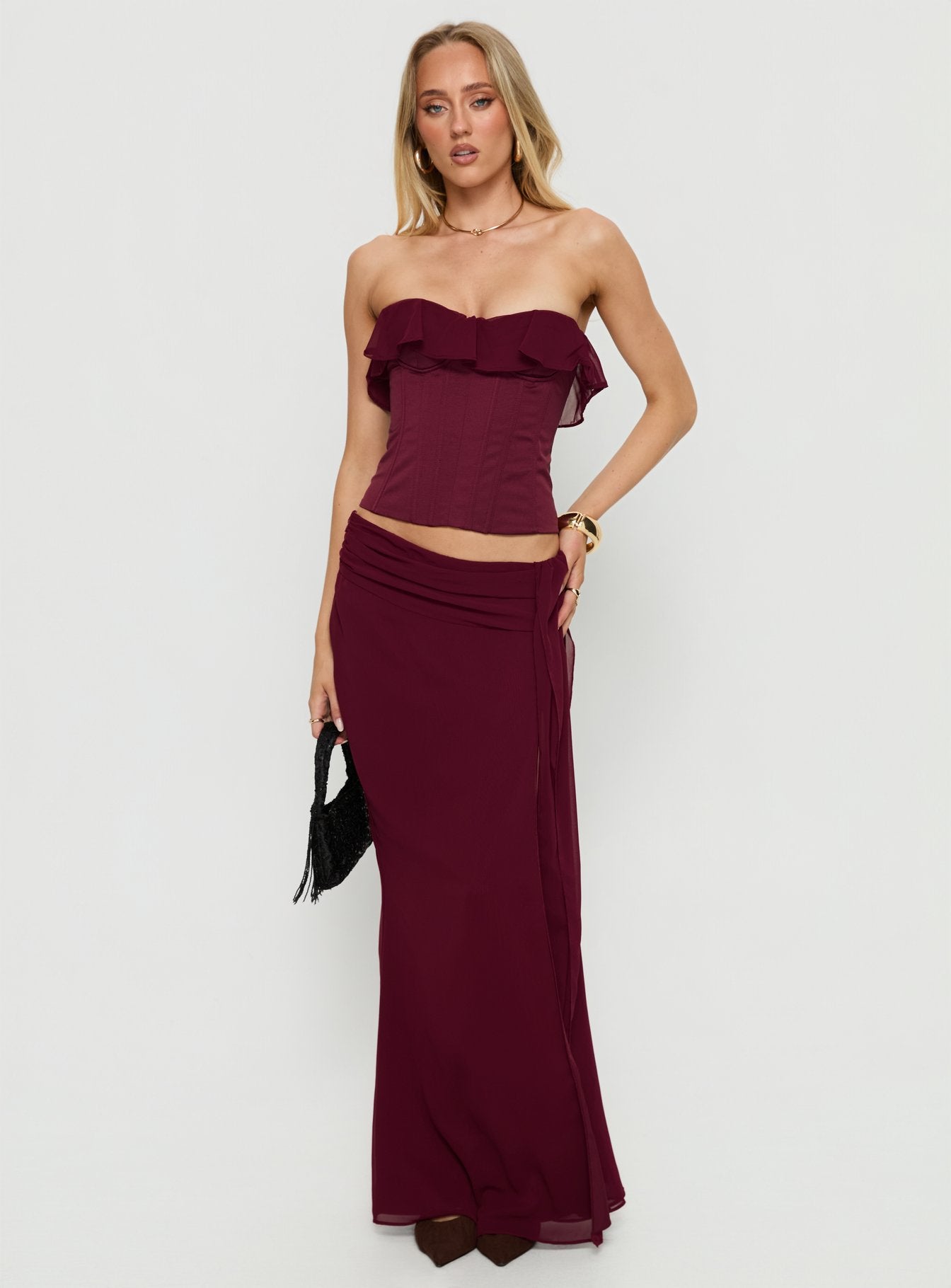 Holliann Strapless Frill Corset Top Wine - Image 3