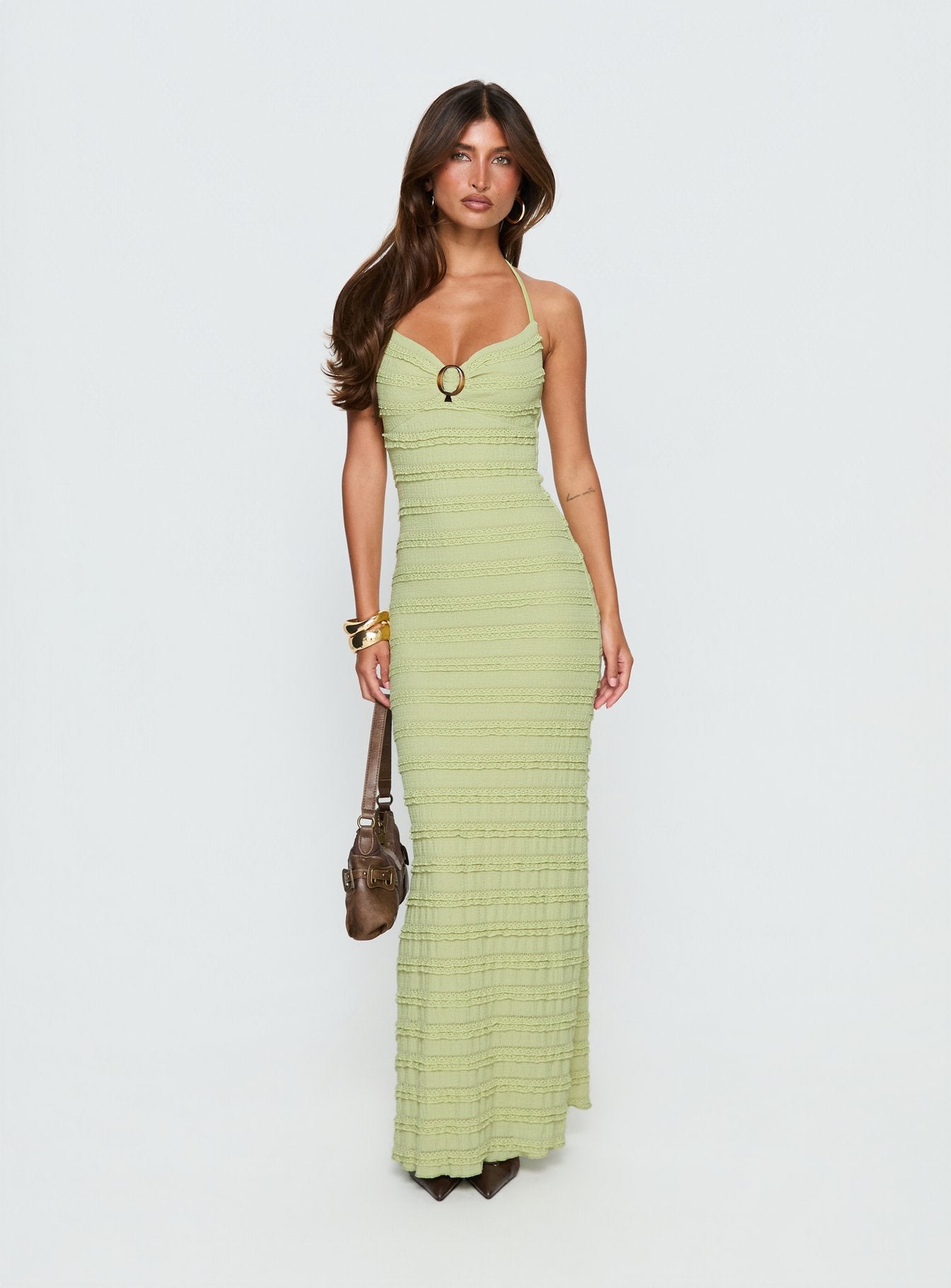 Liskaia Textured Halter Maxi Dress Soft Green - Image 2