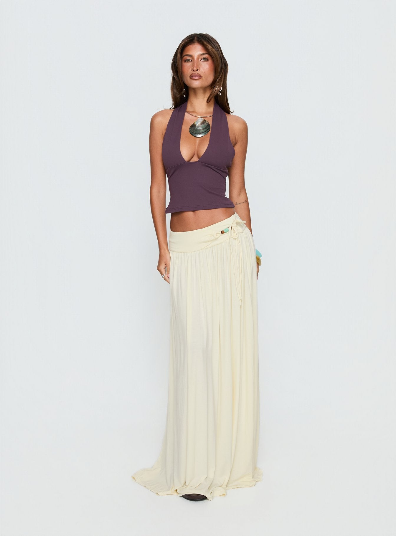 Velvet Storm Tie Detail Flowy Maxi Skirt Cream - Image 3