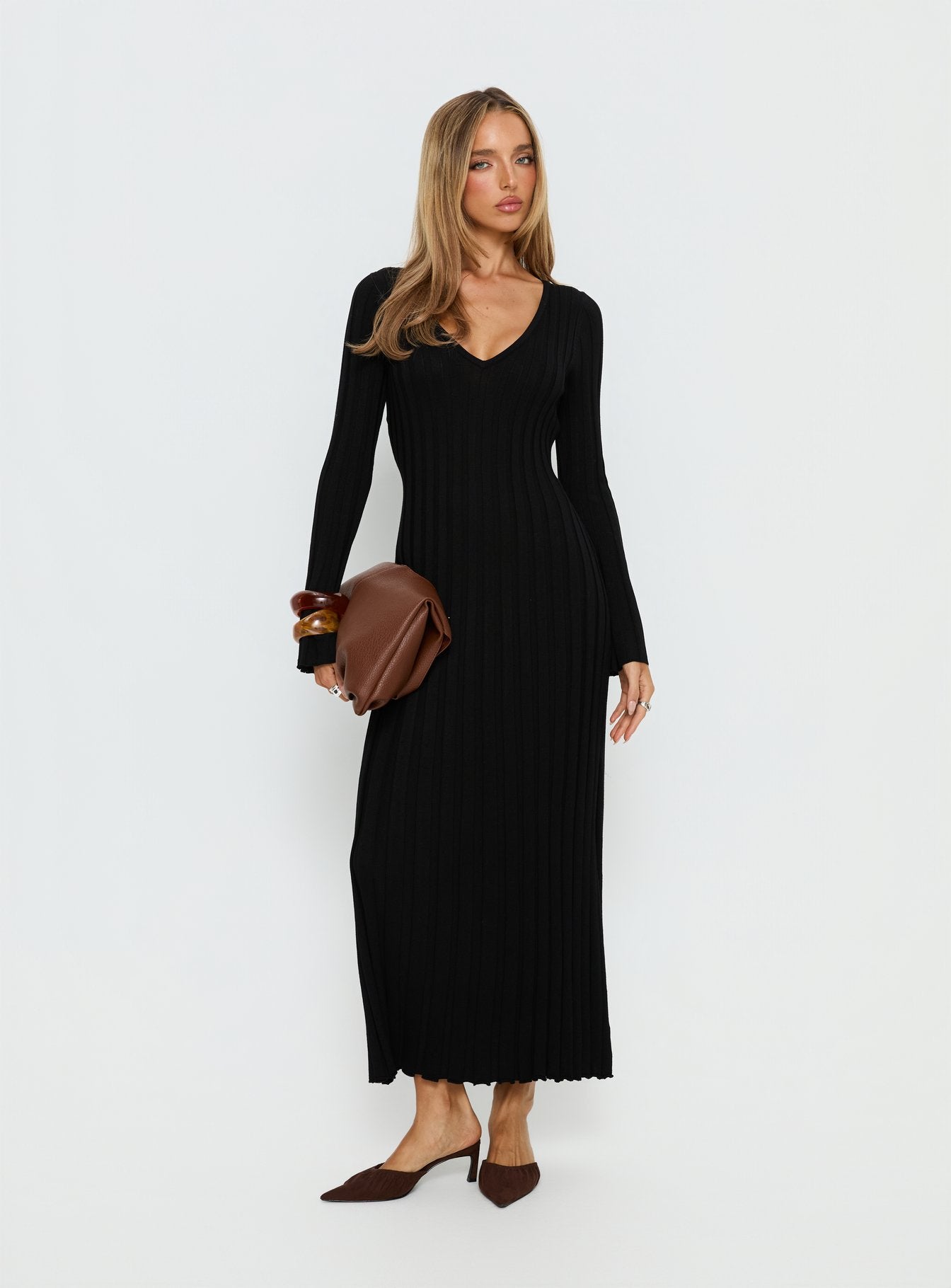 Gratuita Long Sleeve Rib Maxi Dress Black - Image 2
