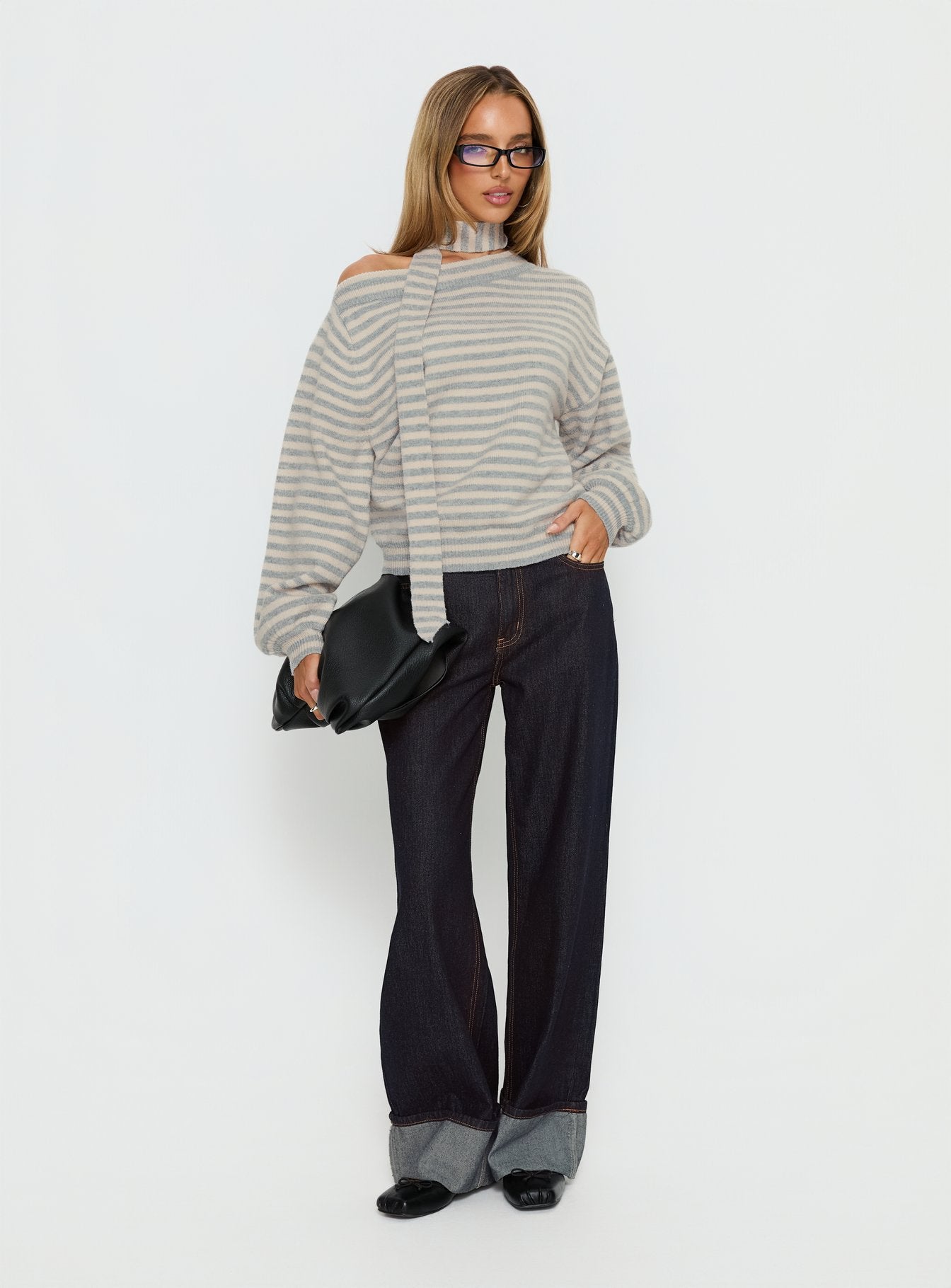 Ruthi Scarf Off Shoulder Knit Sweater Neutral Stripe - Image 3