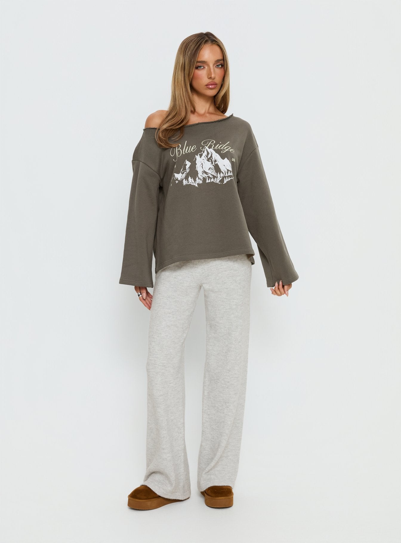 Blue Ridge Mountains Off Shoulder Graphic Sweater Grey - Image 3