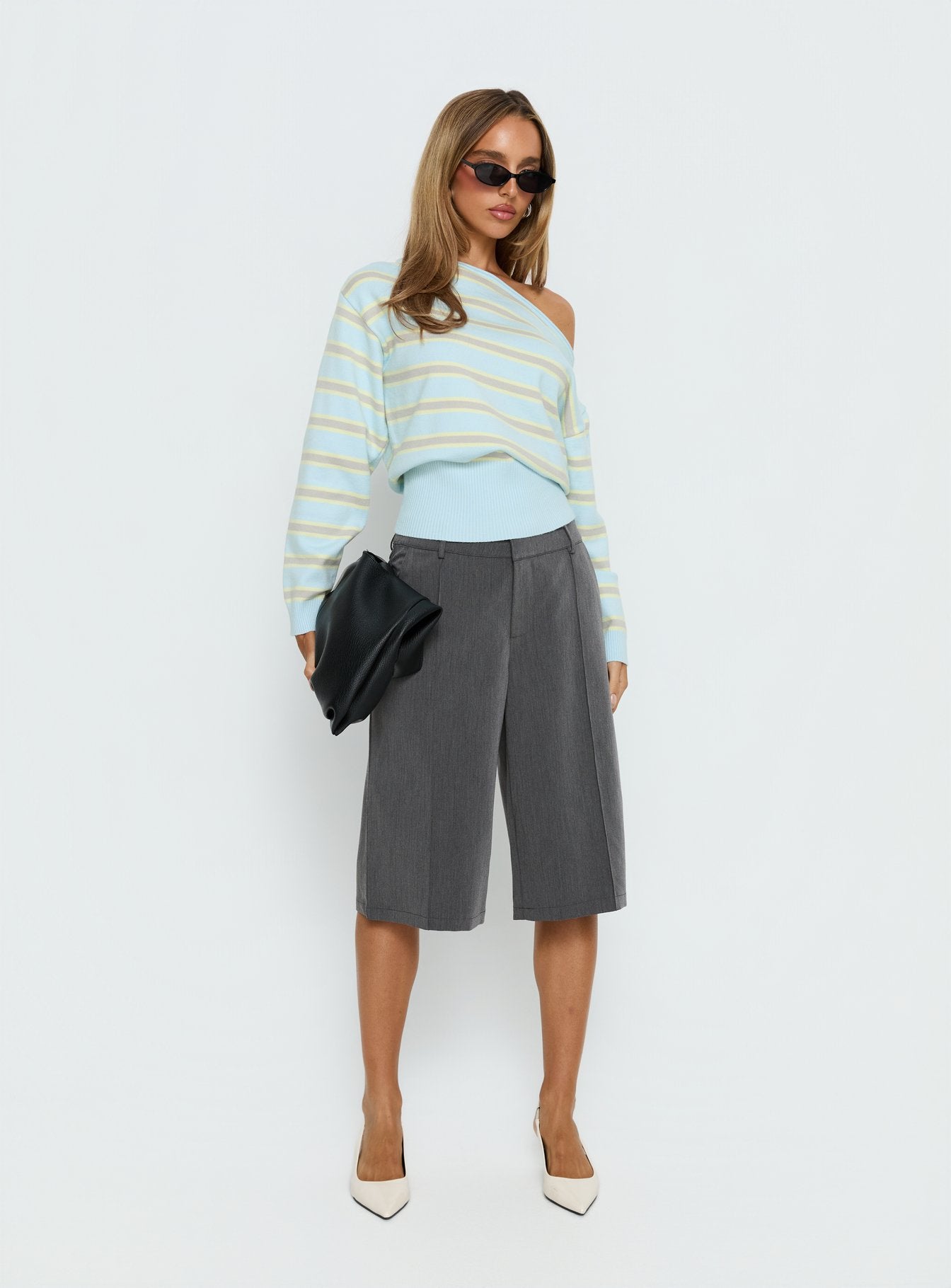 Zinia Off Shoulder Knit Sweater Grey / Blue Stripe - Image 3