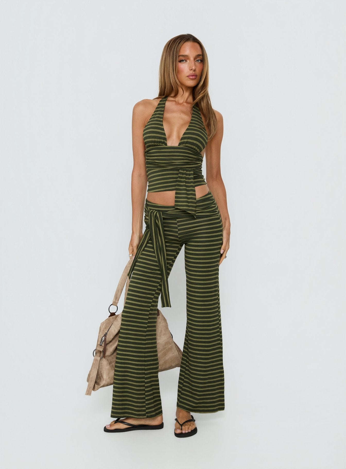 Esata Tie Detail Pants Green Stripe - Image 3
