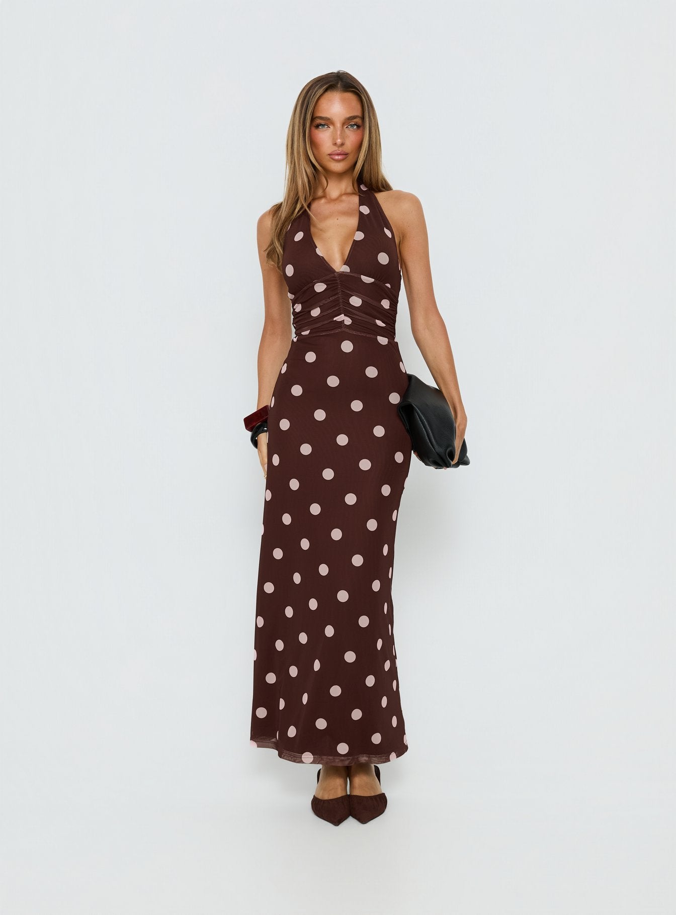 Saviana Halter Ruched Maxi Dress Chocolate / Pink Polka Dot - Image 3