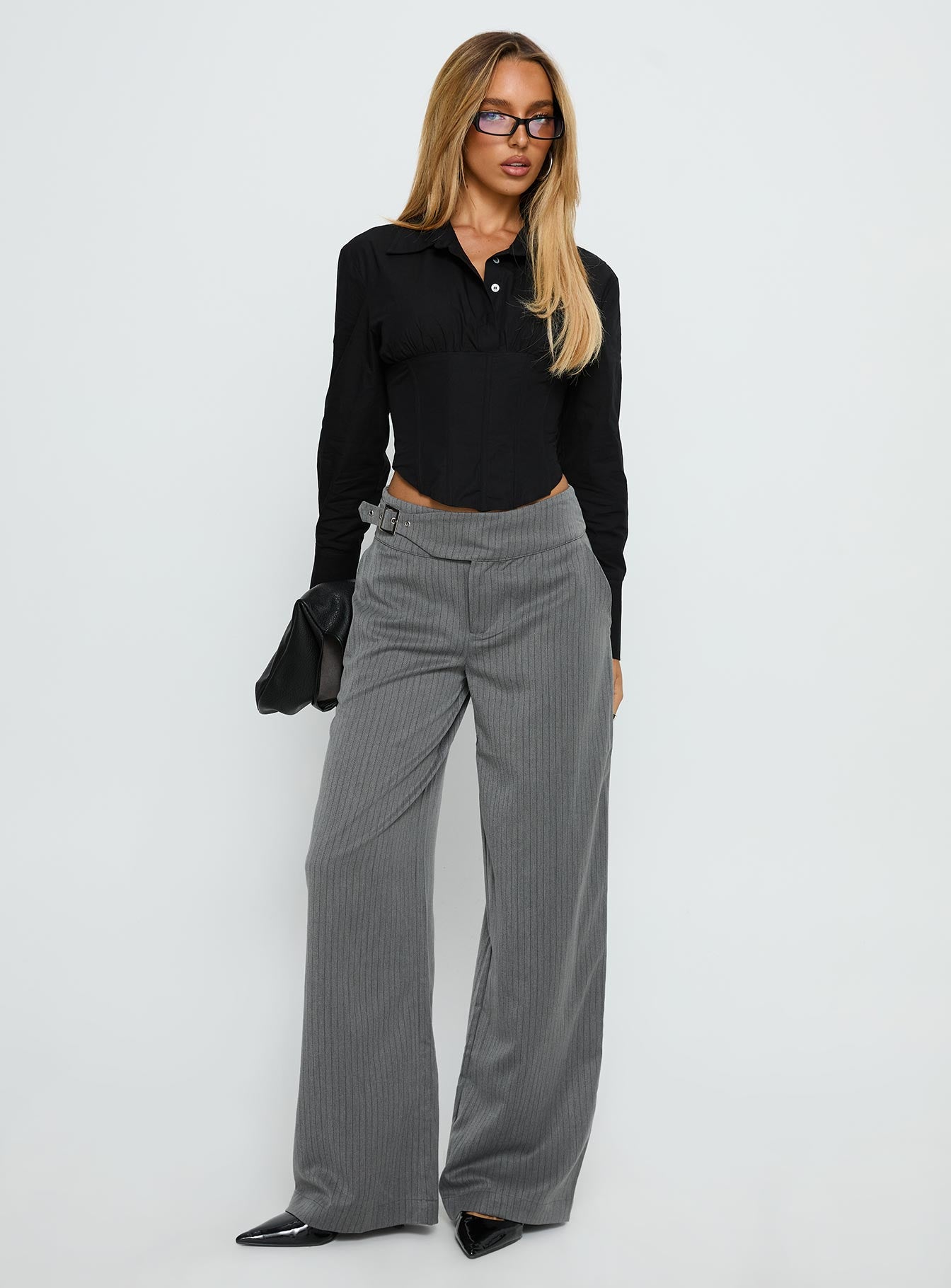 Jinny Relaxed Buckle Tailored Pants Grey Pinstripe - Image 3