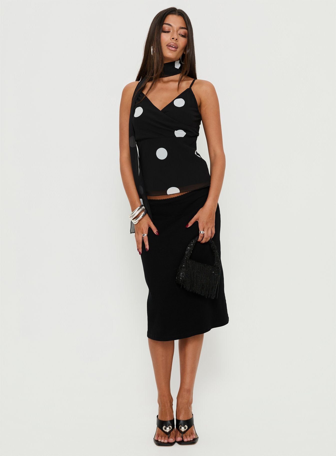 Jenae Scarf Detail Cami Top Black / White Polka - Image 3