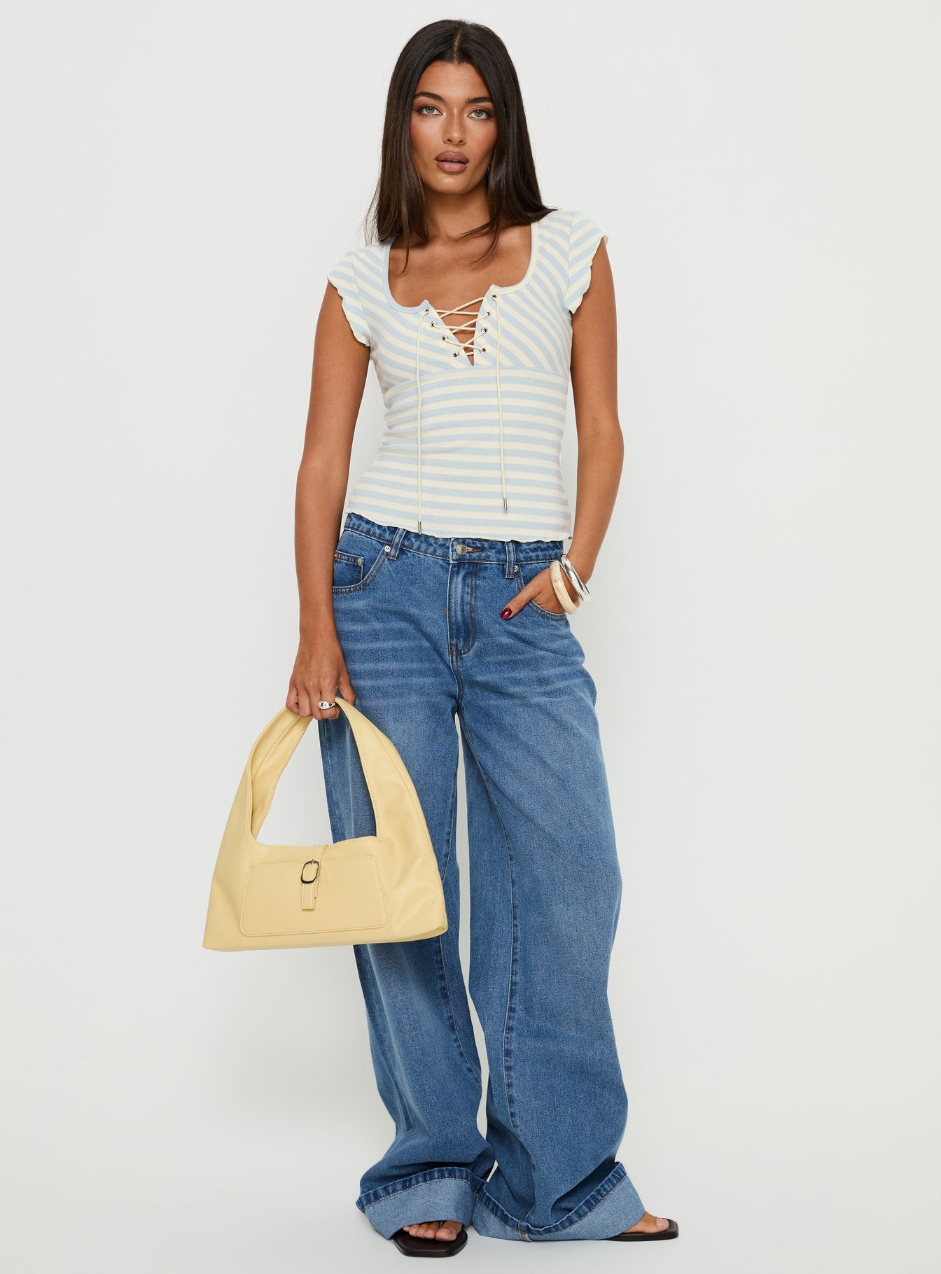 Jacenda Tie Up Short Sleeve Top Blue Stripe - Image 3
