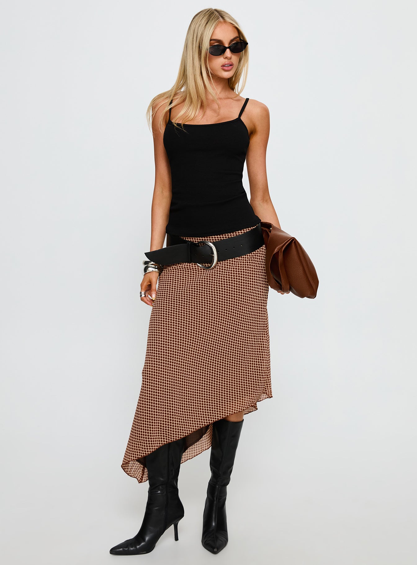 Suella Asymmetrical Midi Skirt Brown Polka Dot - Image 3