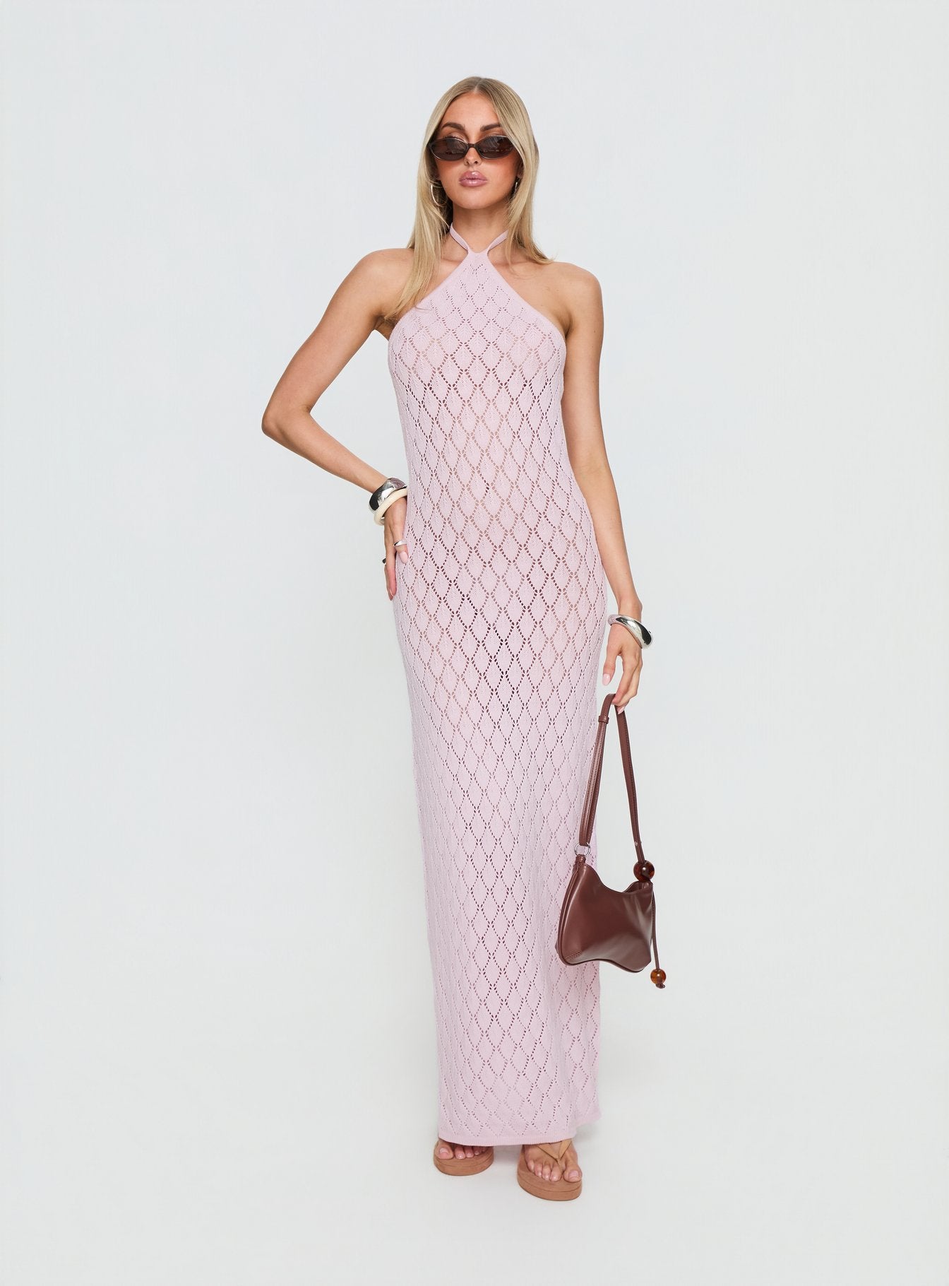 Jorda Halter Crochet Maxi Dress Pink - Image 2