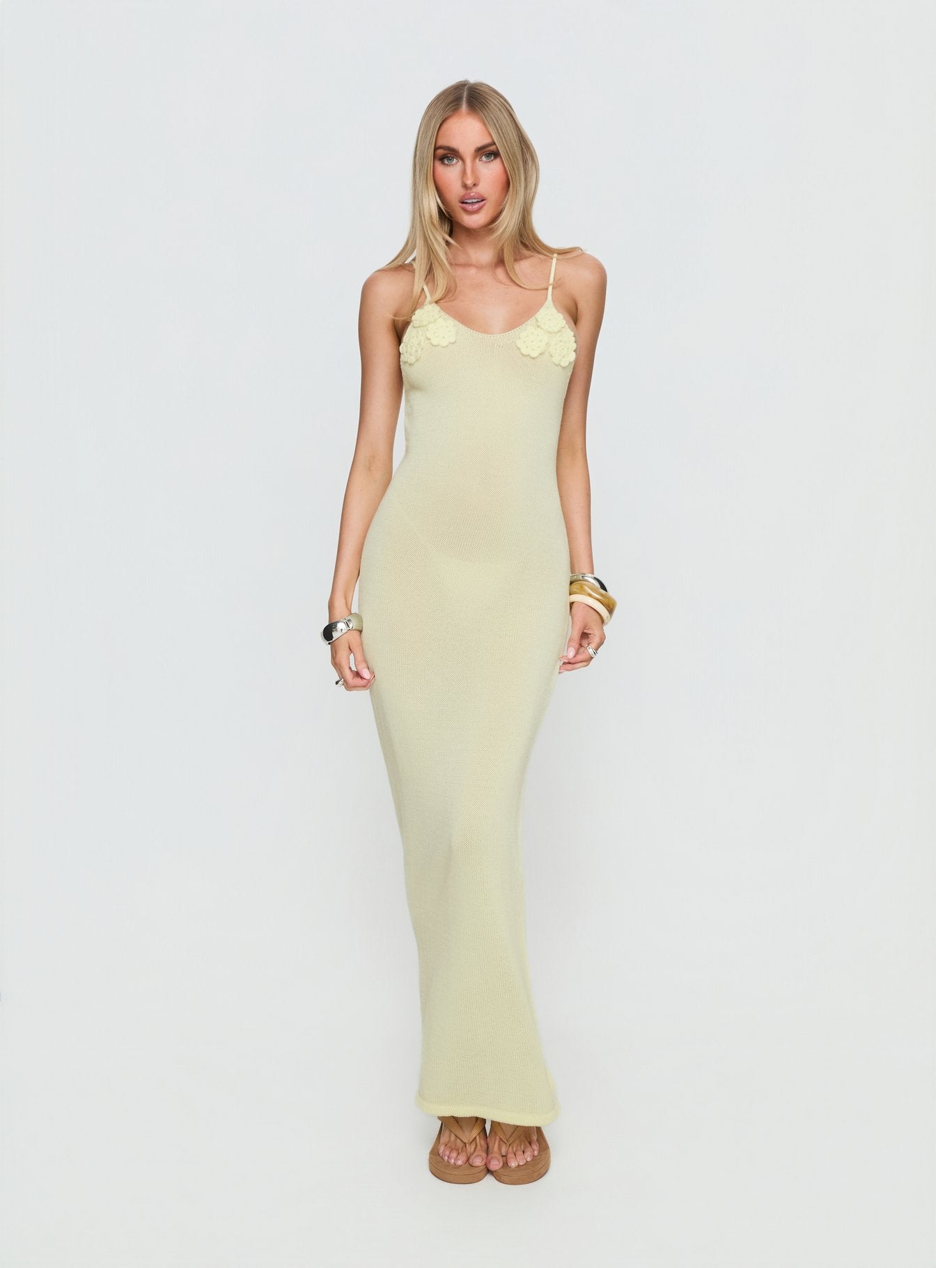 Cinderella Knit Floral Detail Maxi Dress Lemon Yellow - Image 2