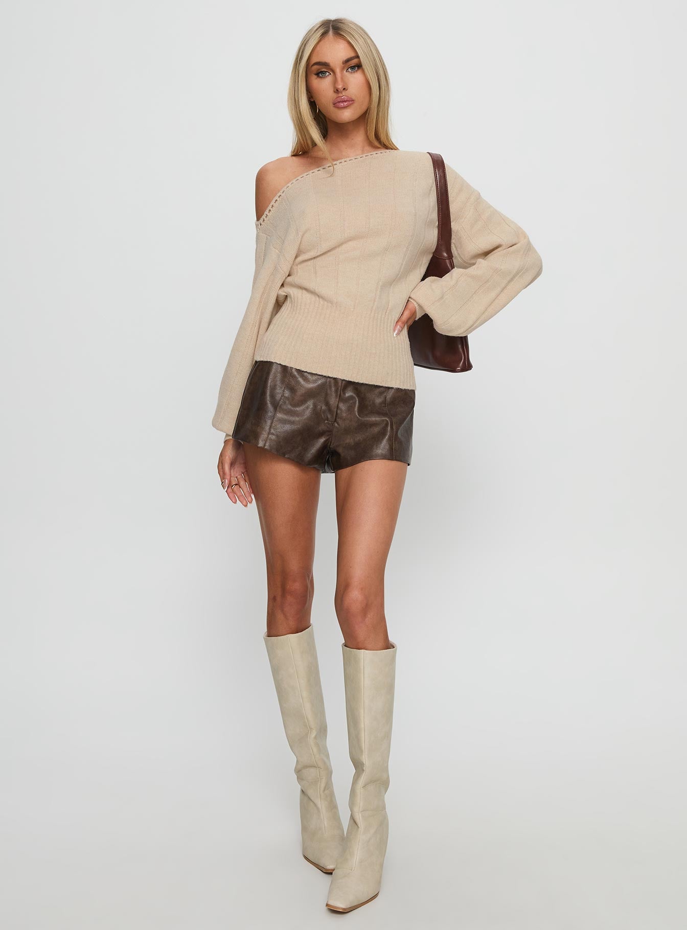 Jackeline Off Shoulder Rib Jumper Cream - Image 2