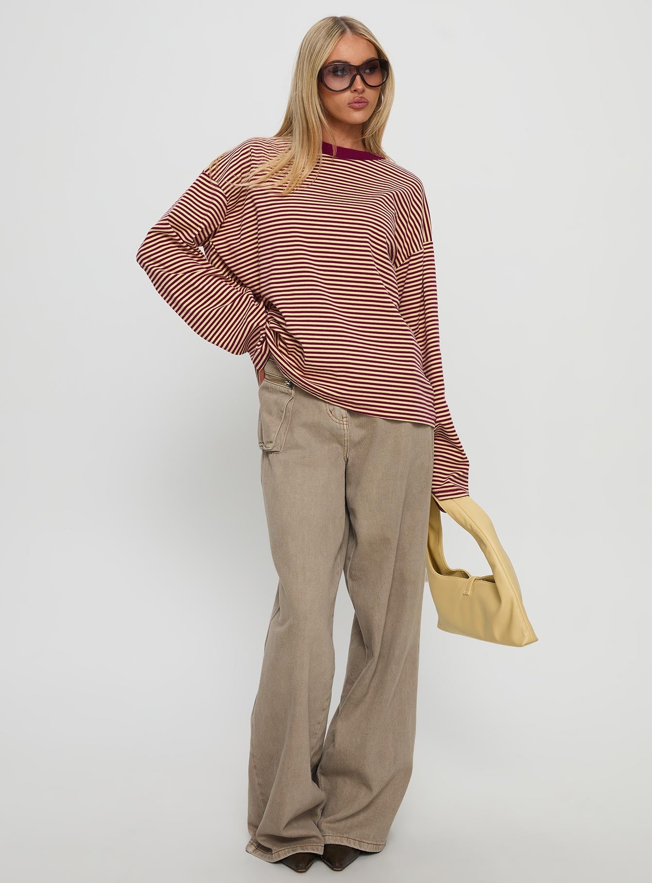 Settle Down Long Sleeve Top Lemon / Burgundy Stripe - Image 3