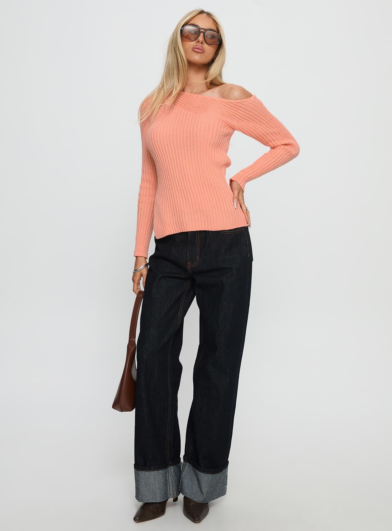 Exquisite Off Shoulder Knit Sweater Orange - Image 2