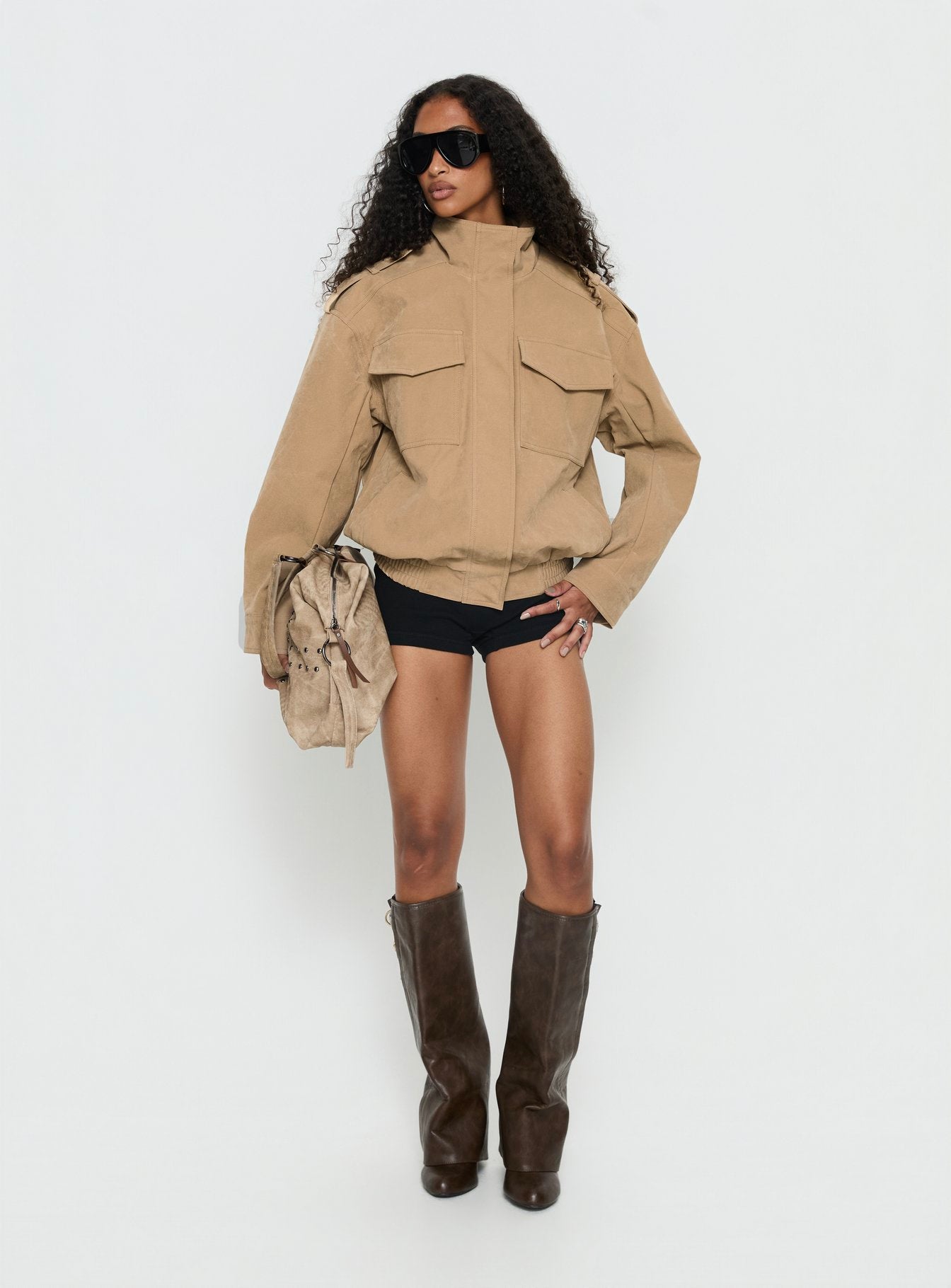 Double Life Funnel Neck Cargo Jacket Beige - Image 3