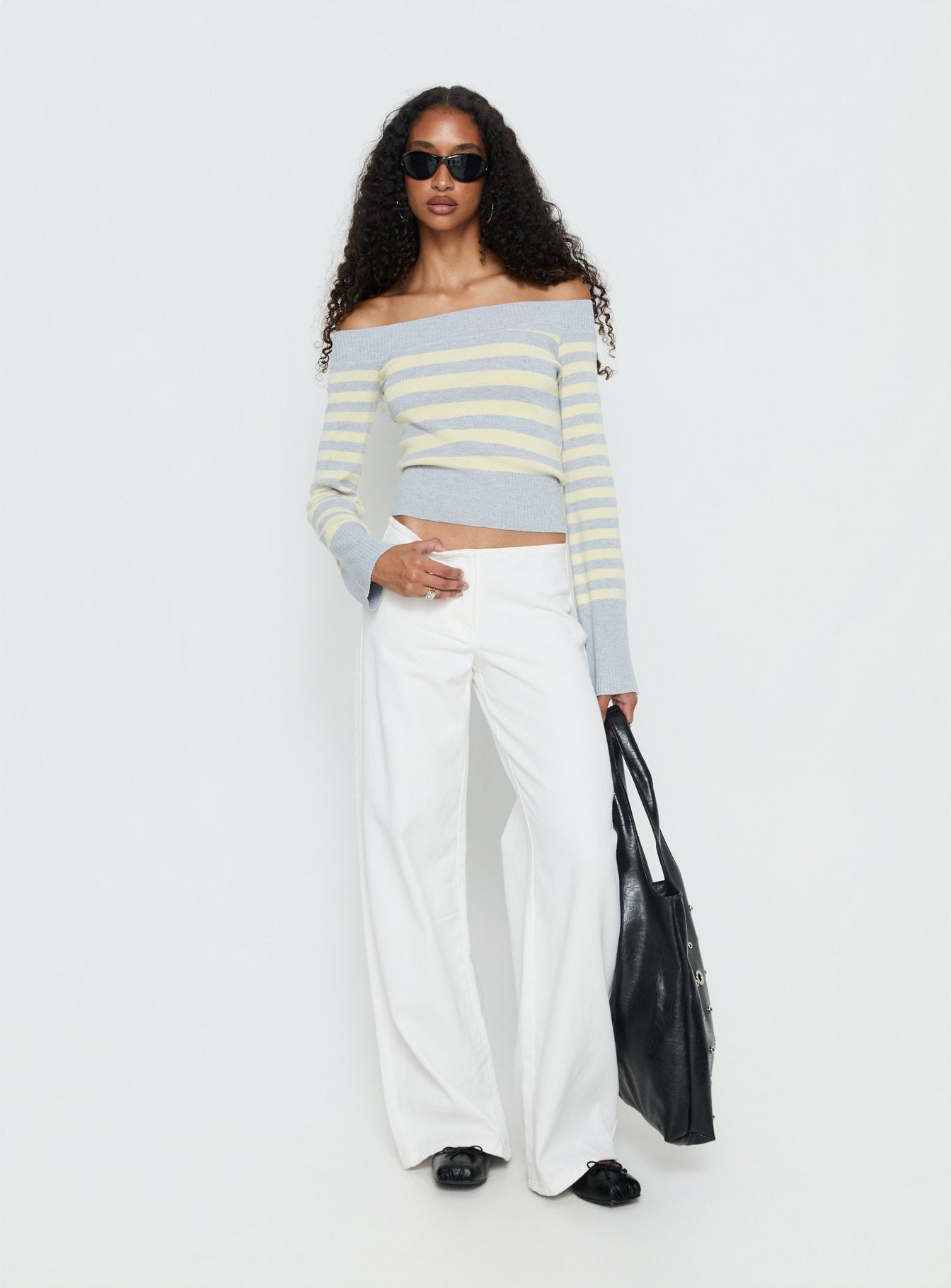 Perrey Long Sleeve Off Shoulder Top Knit Yellow / Grey Stripe - Image 3