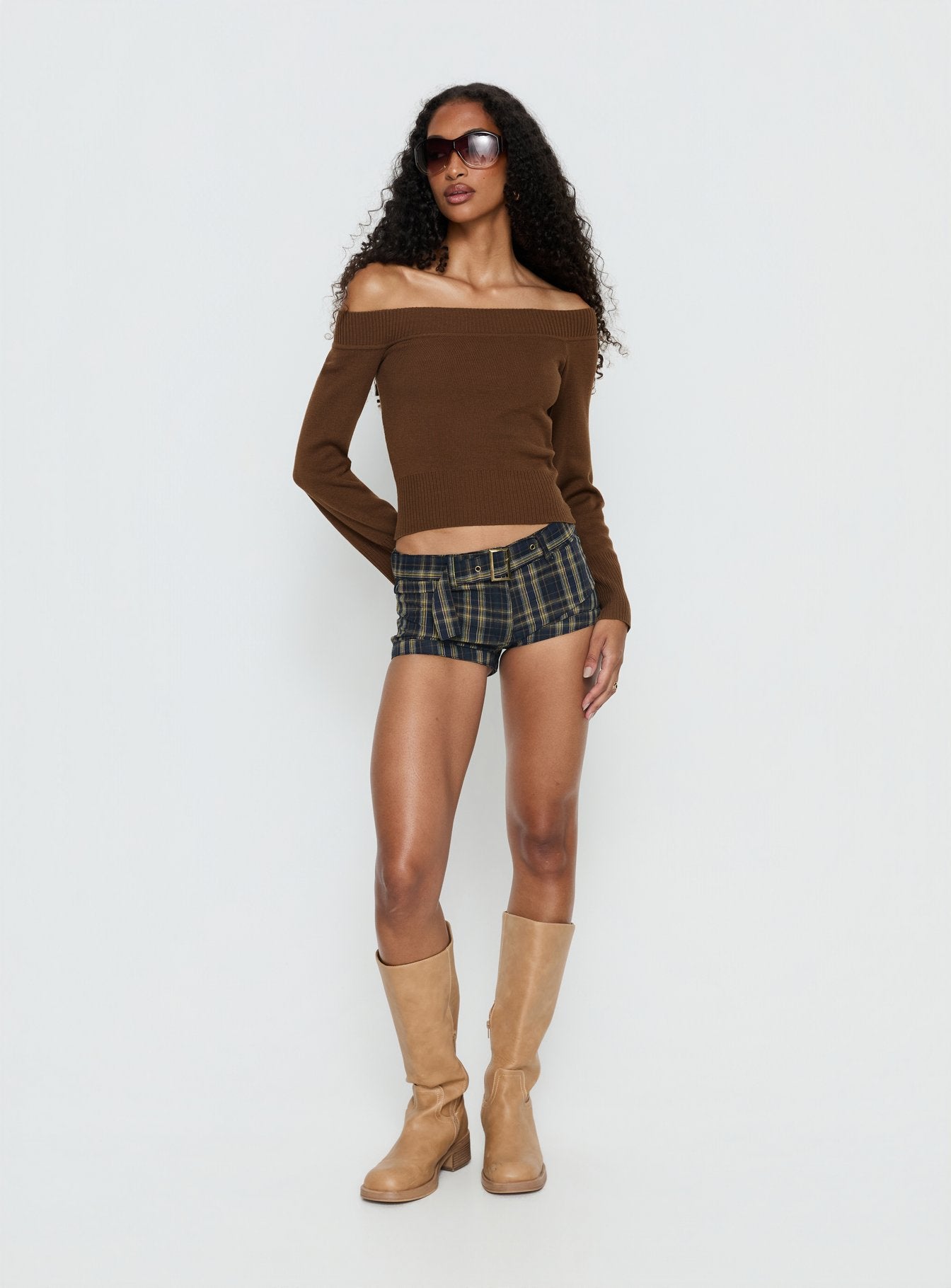 Perrey Long Sleeve Off Shoulder Knit Top Brown - Image 2