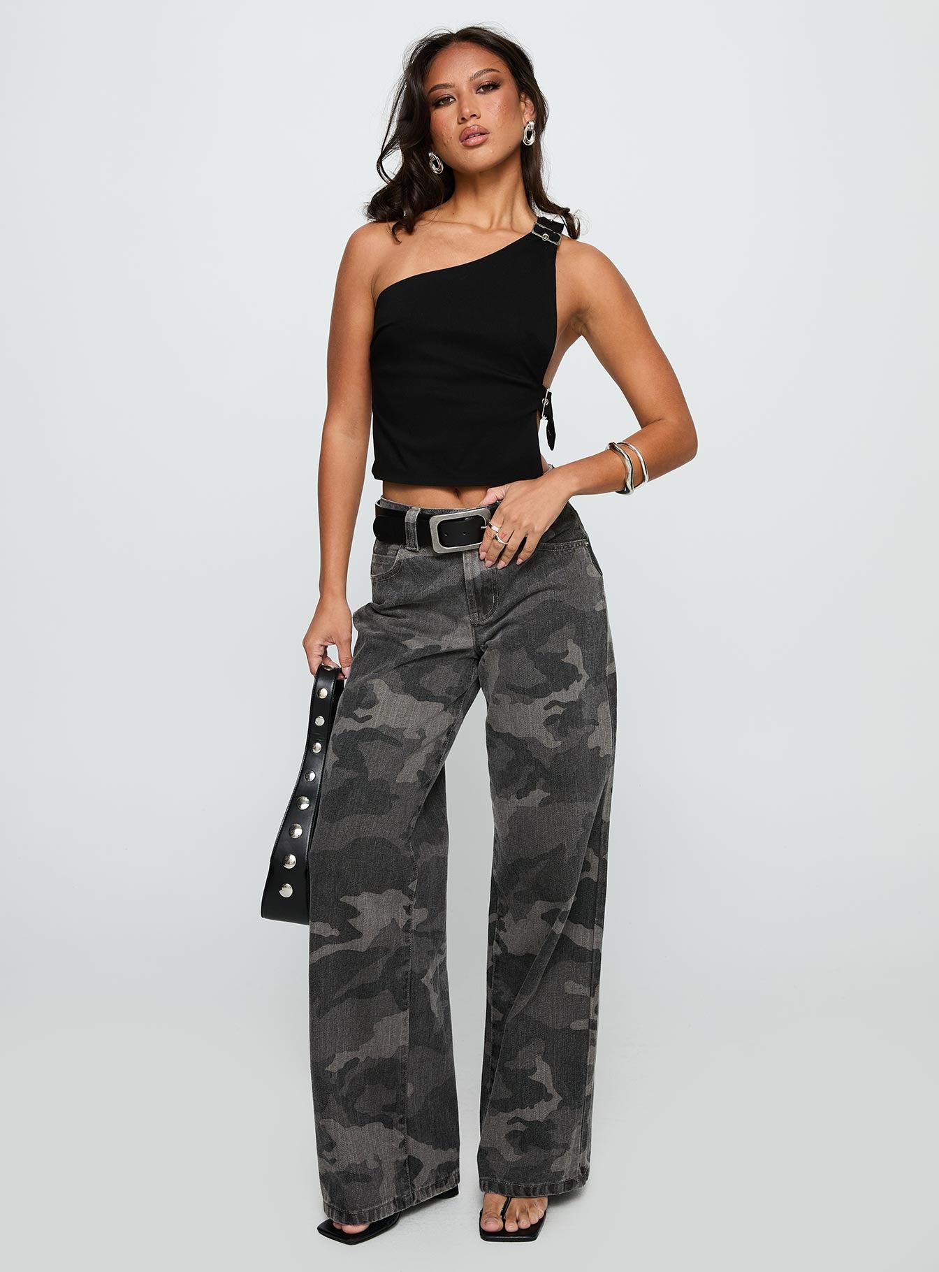 Big Talk Mid Rise Straight Leg Jeans Grey Washed Camo - Image 3