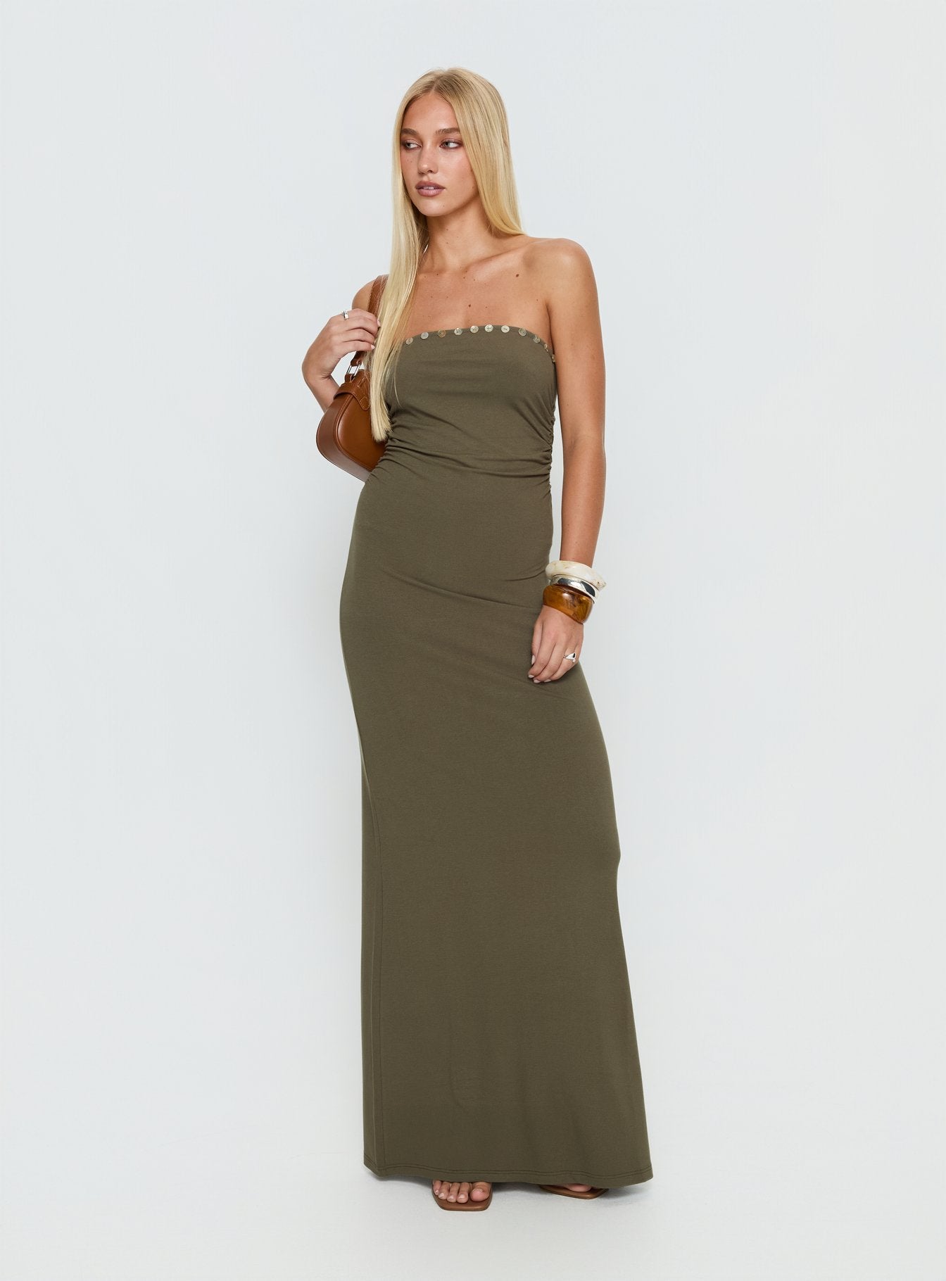 Erita Strapless Maxi Dress Kahki - Image 2