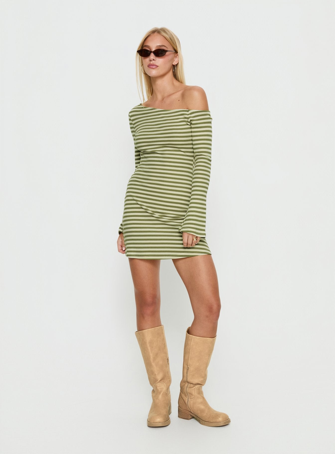 Adrietta Long Sleeve Off Shoulder Mini Dress Cream / Matcha Stripe - Image 2