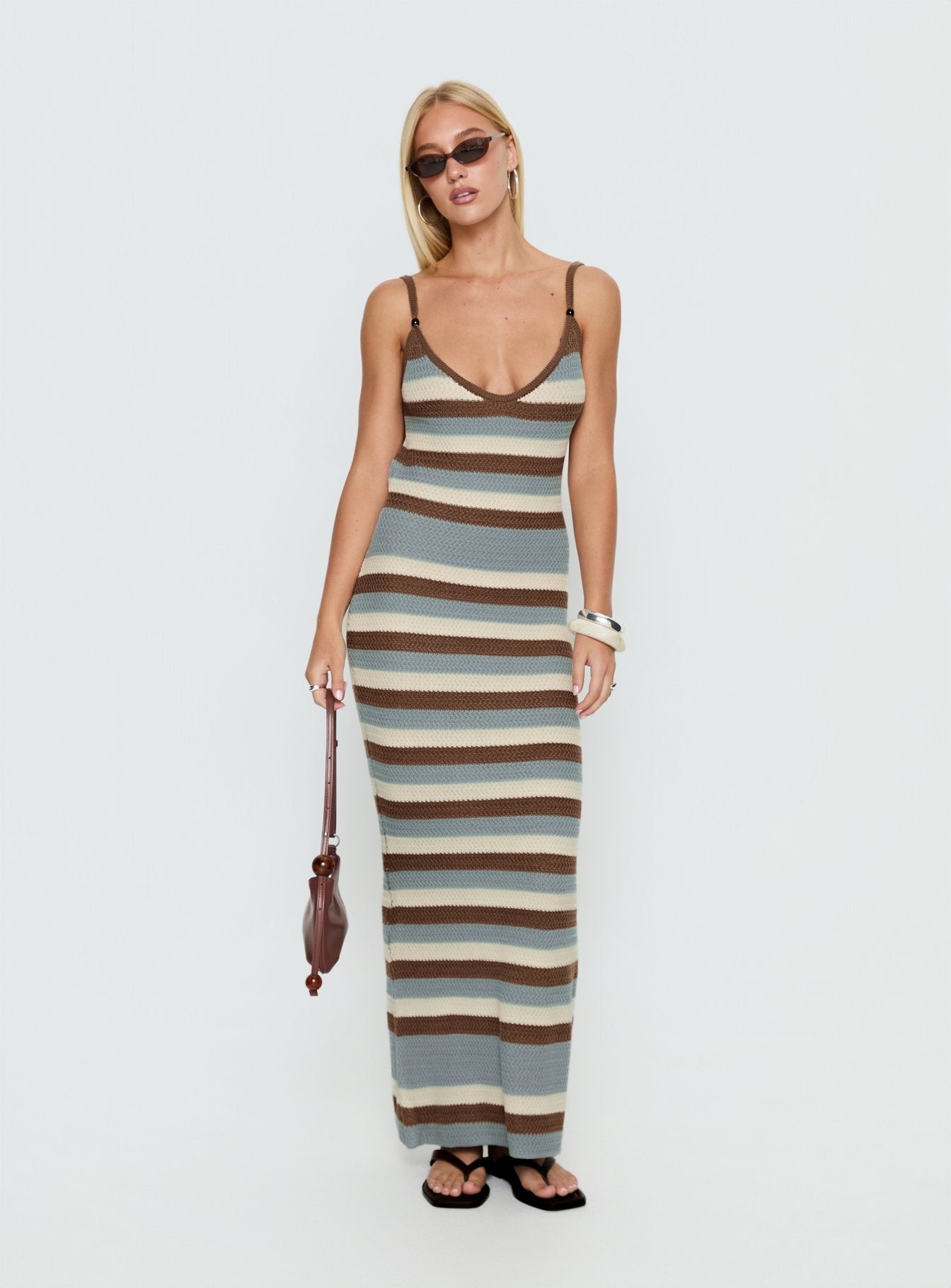 Leylana Scoop Knitted Maxi Dress Blue / Brown Stripe - Image 3