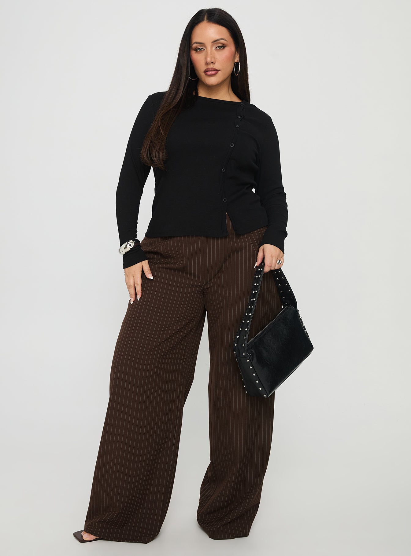 Khane Low Rise Wide Leg Pant Brown Pinstripe Curve - Image 3